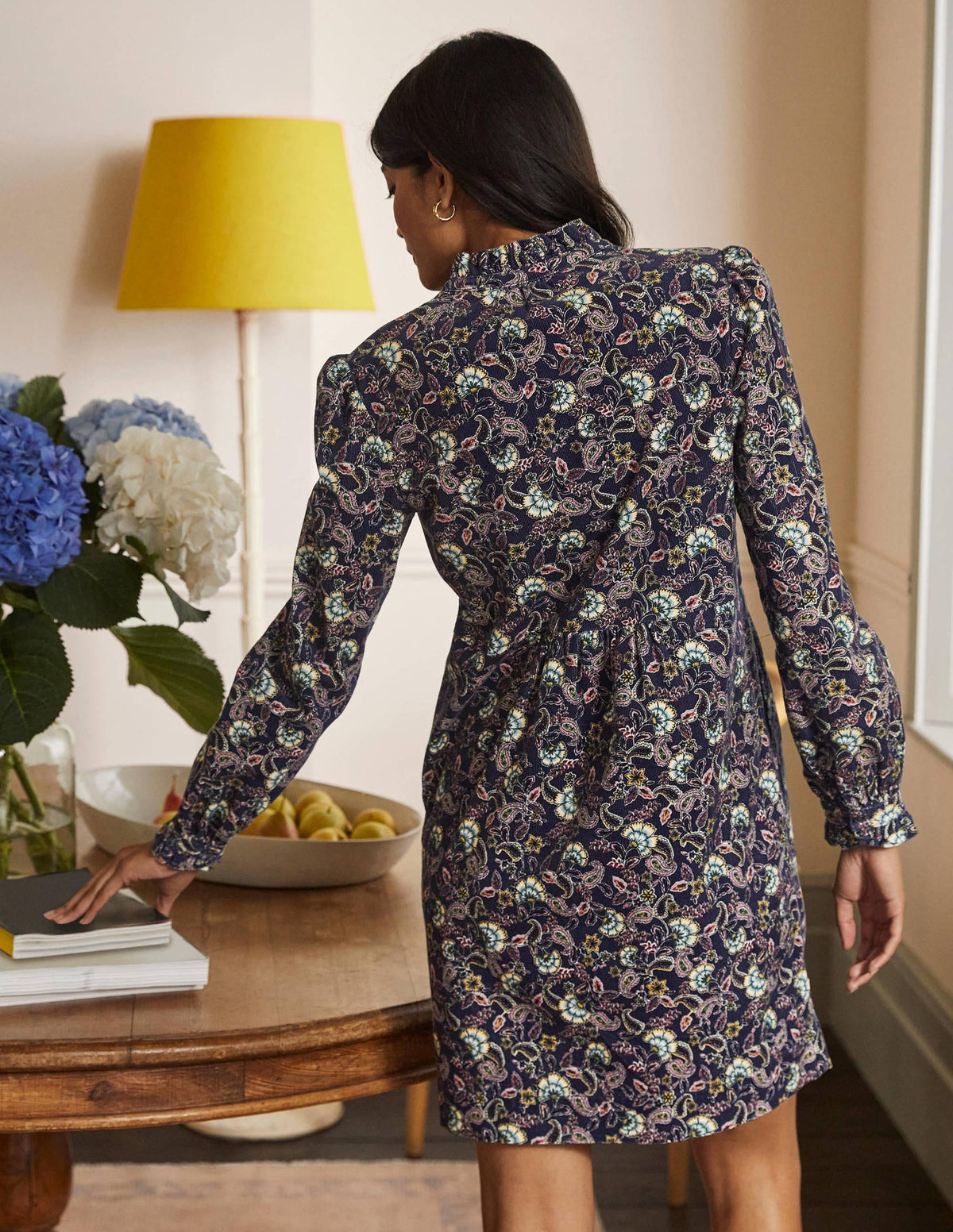 Ruffle Neck Cord Dress-French Navy, Exotic Floral - Image 3