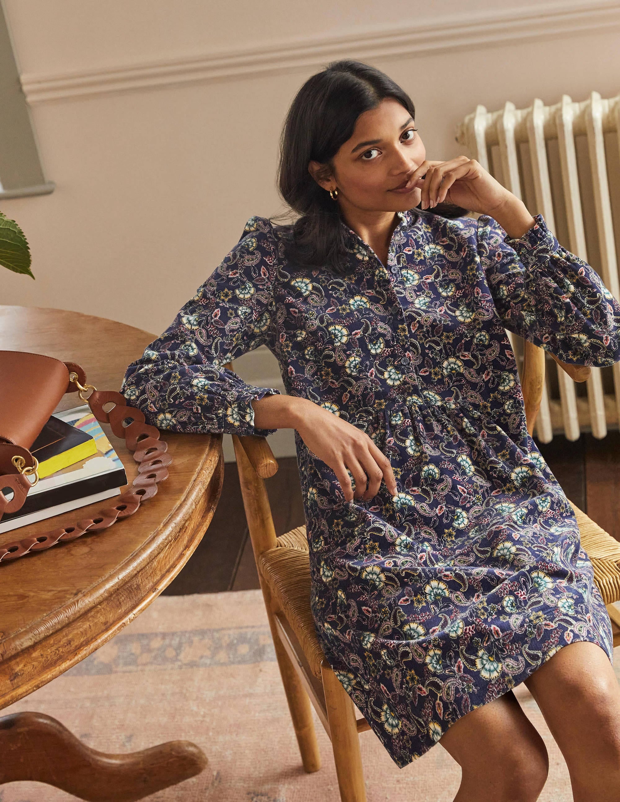 Ruffle Neck Cord Dress-French Navy, Exotic Floral - Image 4