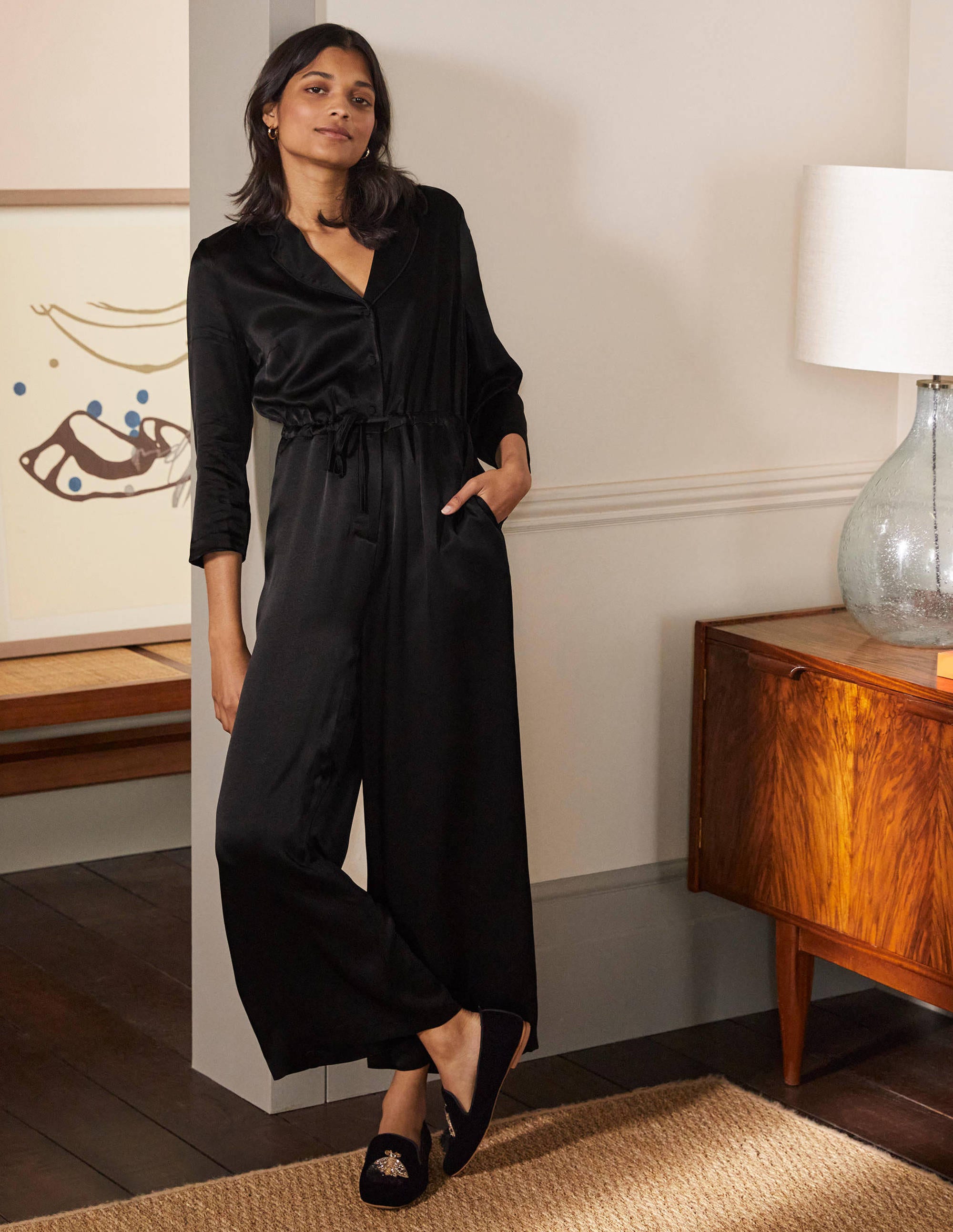 Collar Detail Cropped Jumpsuit-Black - Image 1