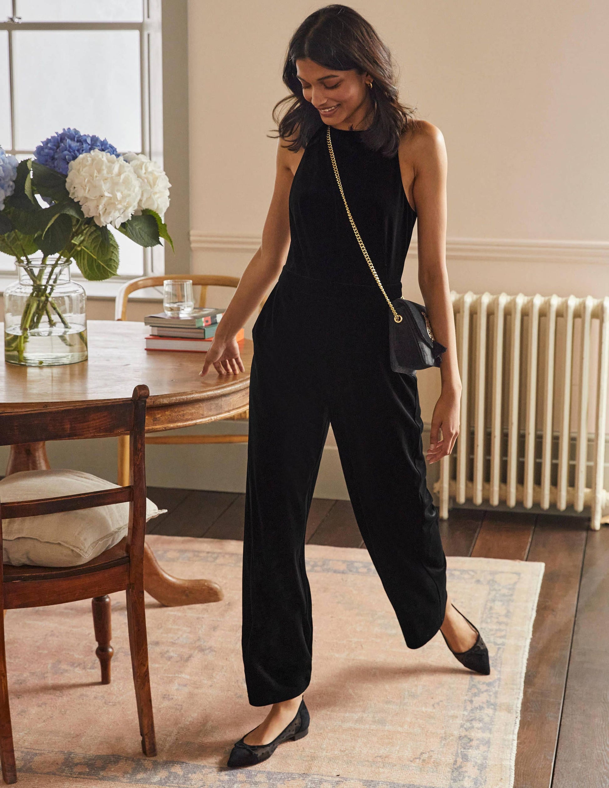 Halterneck Velvet Jumpsuit-Black-1