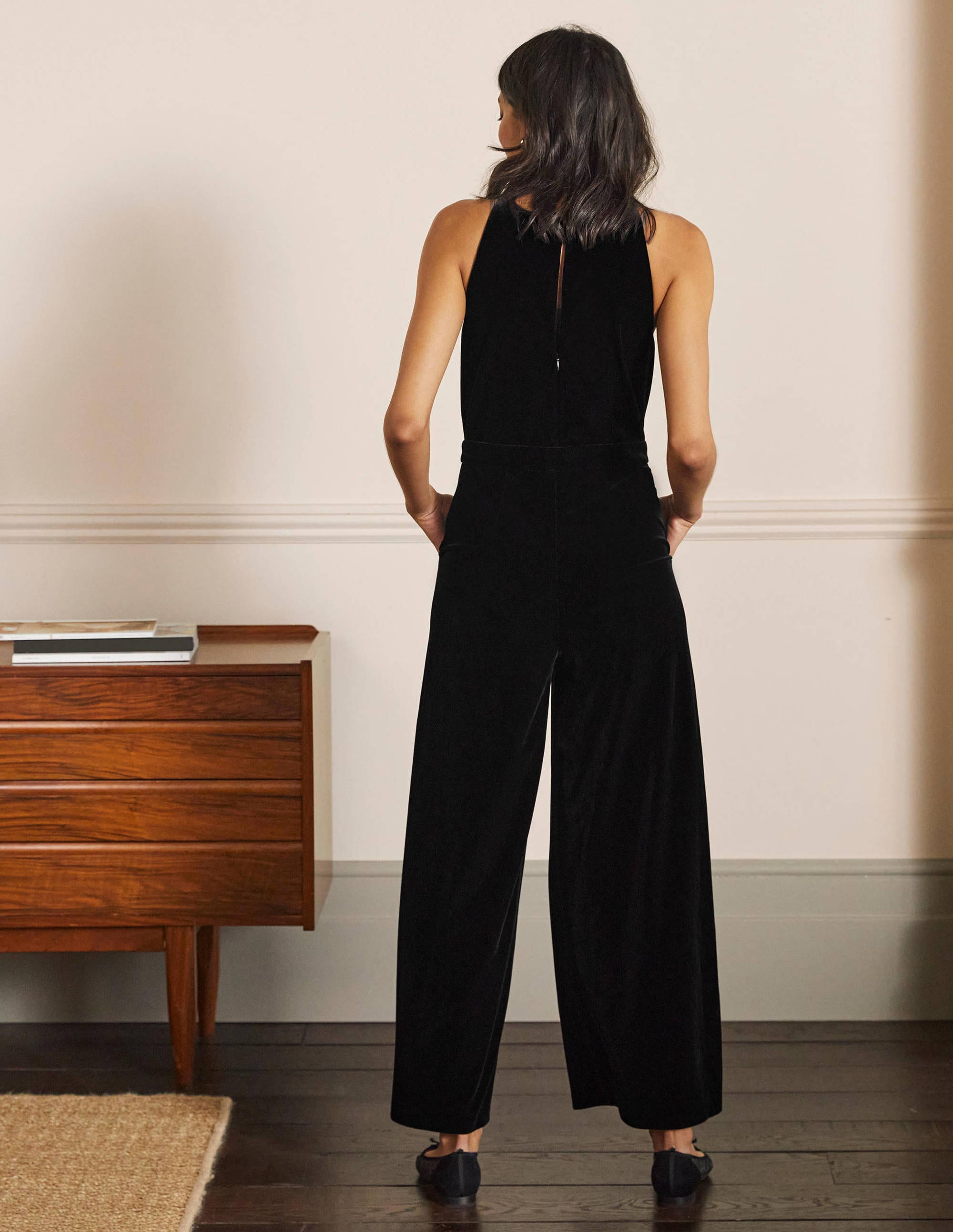 Halterneck Velvet Jumpsuit-Black - Image 3