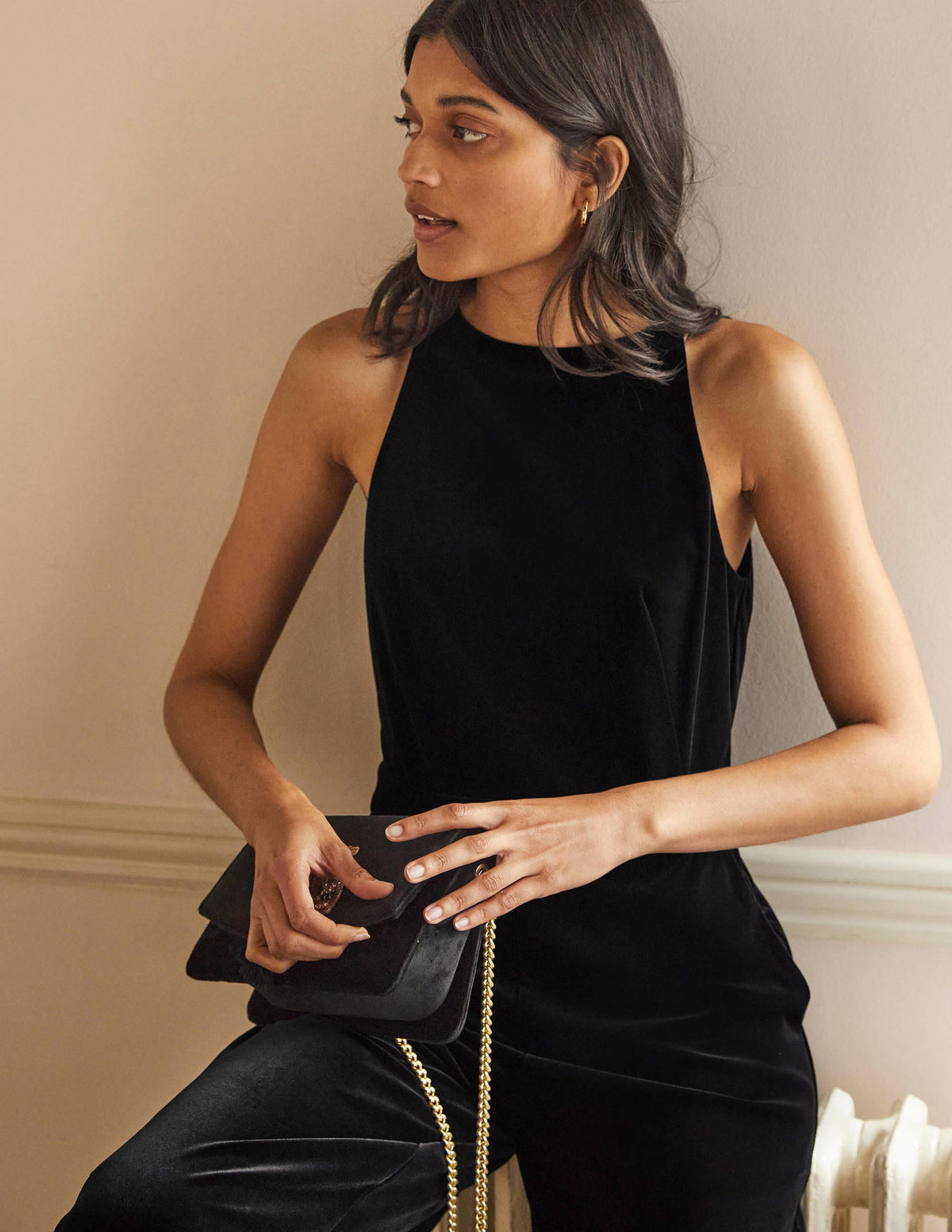 Halterneck Velvet Jumpsuit-Black - Image 4