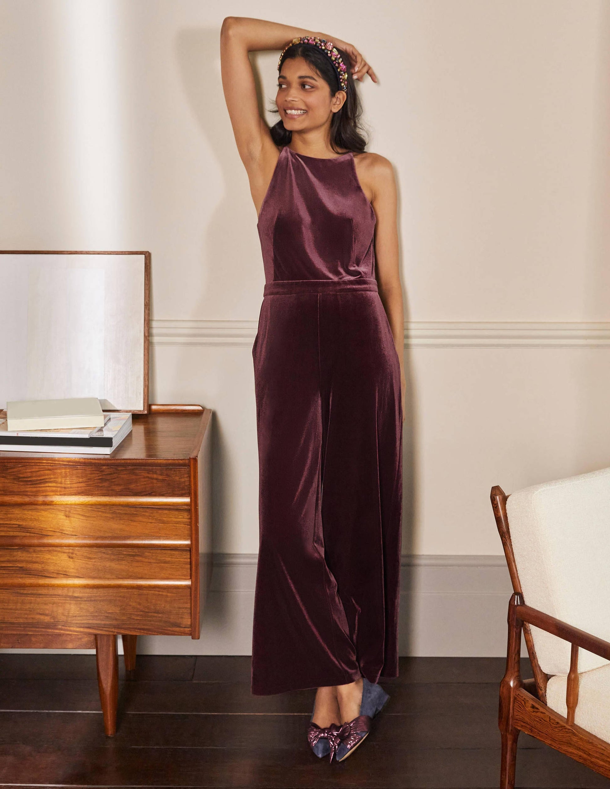 Halterneck Velvet Jumpsuit-Deep Wisteria-1