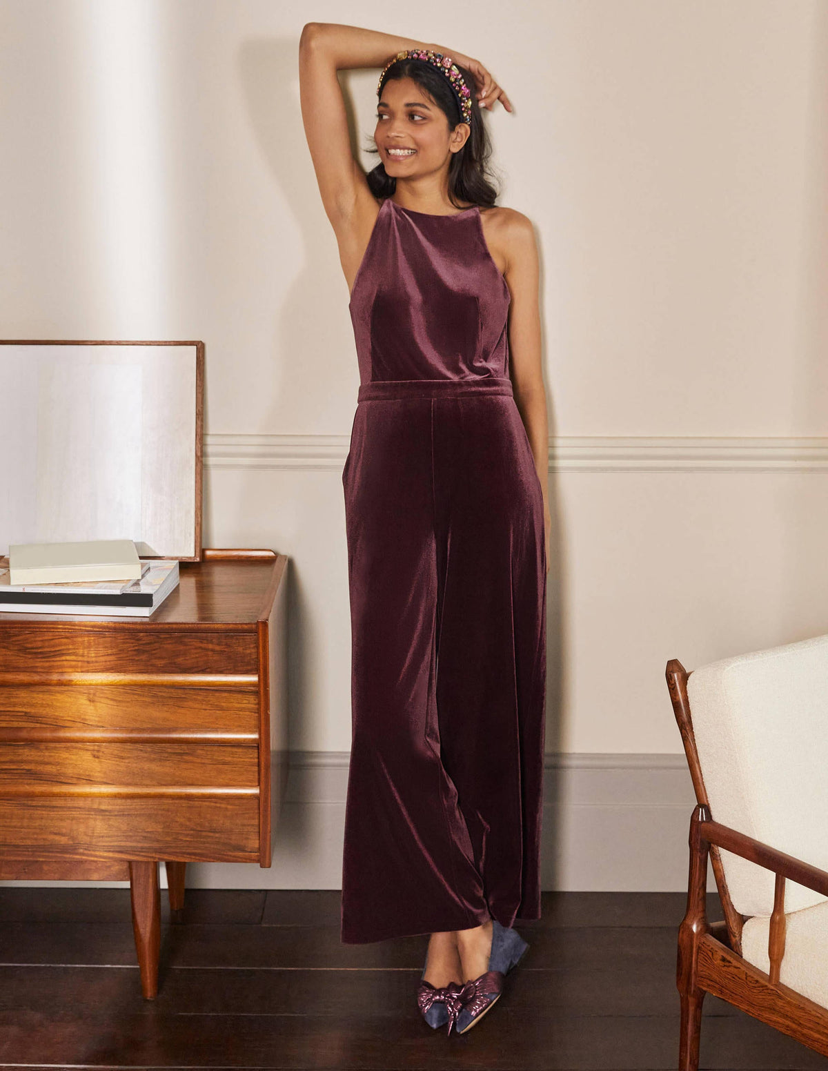 Halterneck Velvet Jumpsuit-Deep Wisteria - Image 1
