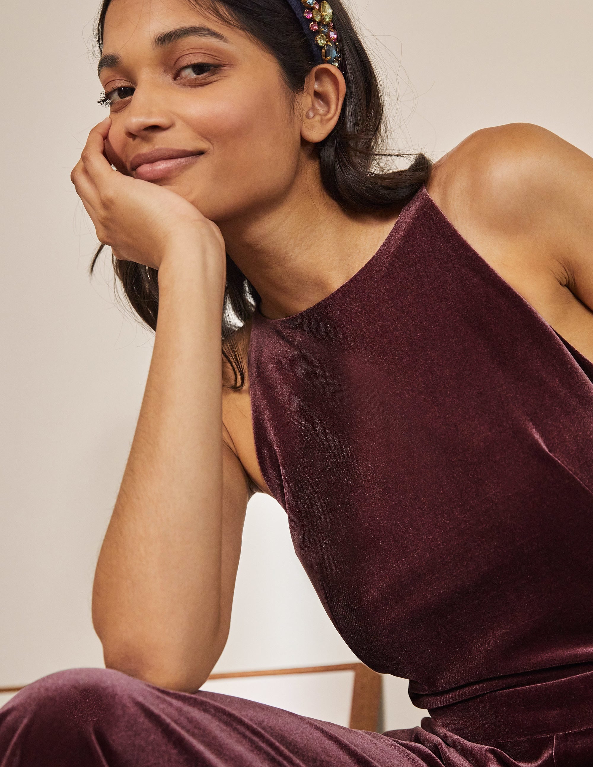 Halterneck Velvet Jumpsuit-Deep Wisteria - Image 2