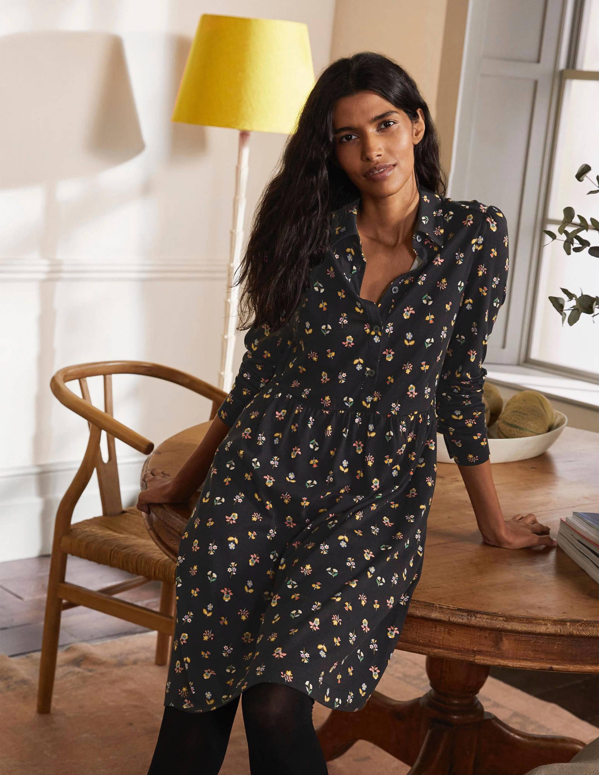 Alma Jersey Shirt Dress-Black, Dainty Floral - Image 1