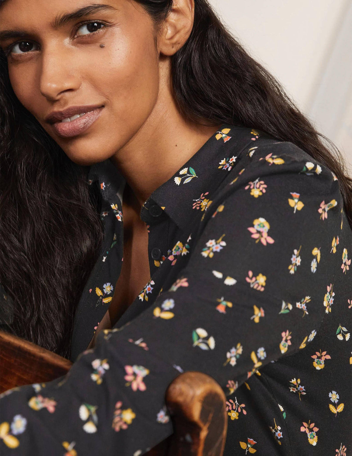 Alma Jersey Shirt Dress-Black, Dainty Floral - Image 2