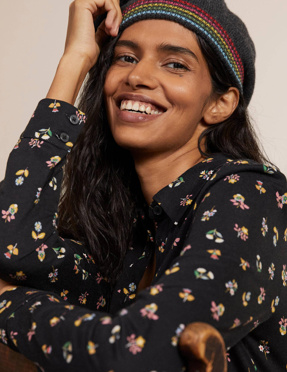 Alma Jersey Shirt Dress-Black, Dainty Floral - Image 3