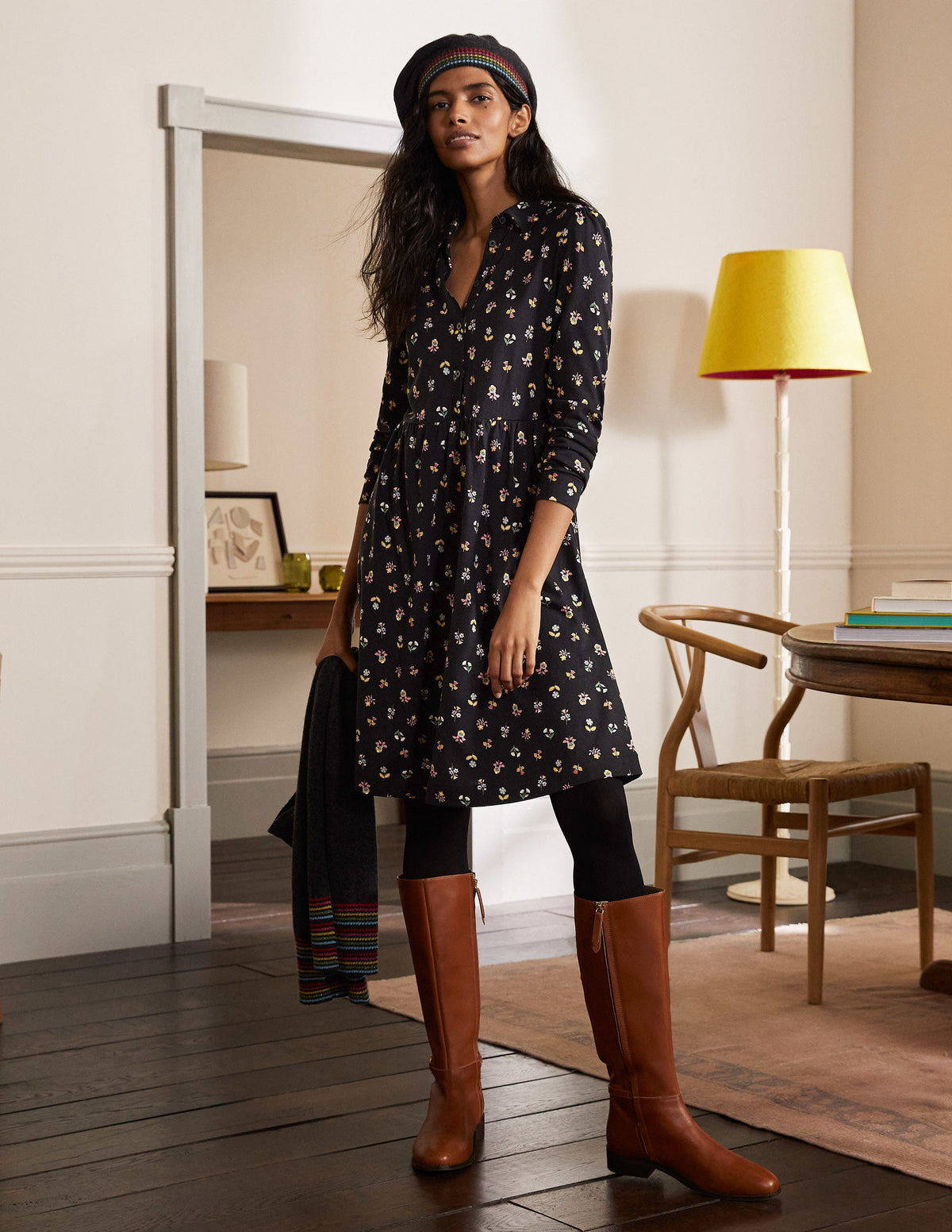 Alma Jersey Shirt Dress-Black, Dainty Floral - Image 4