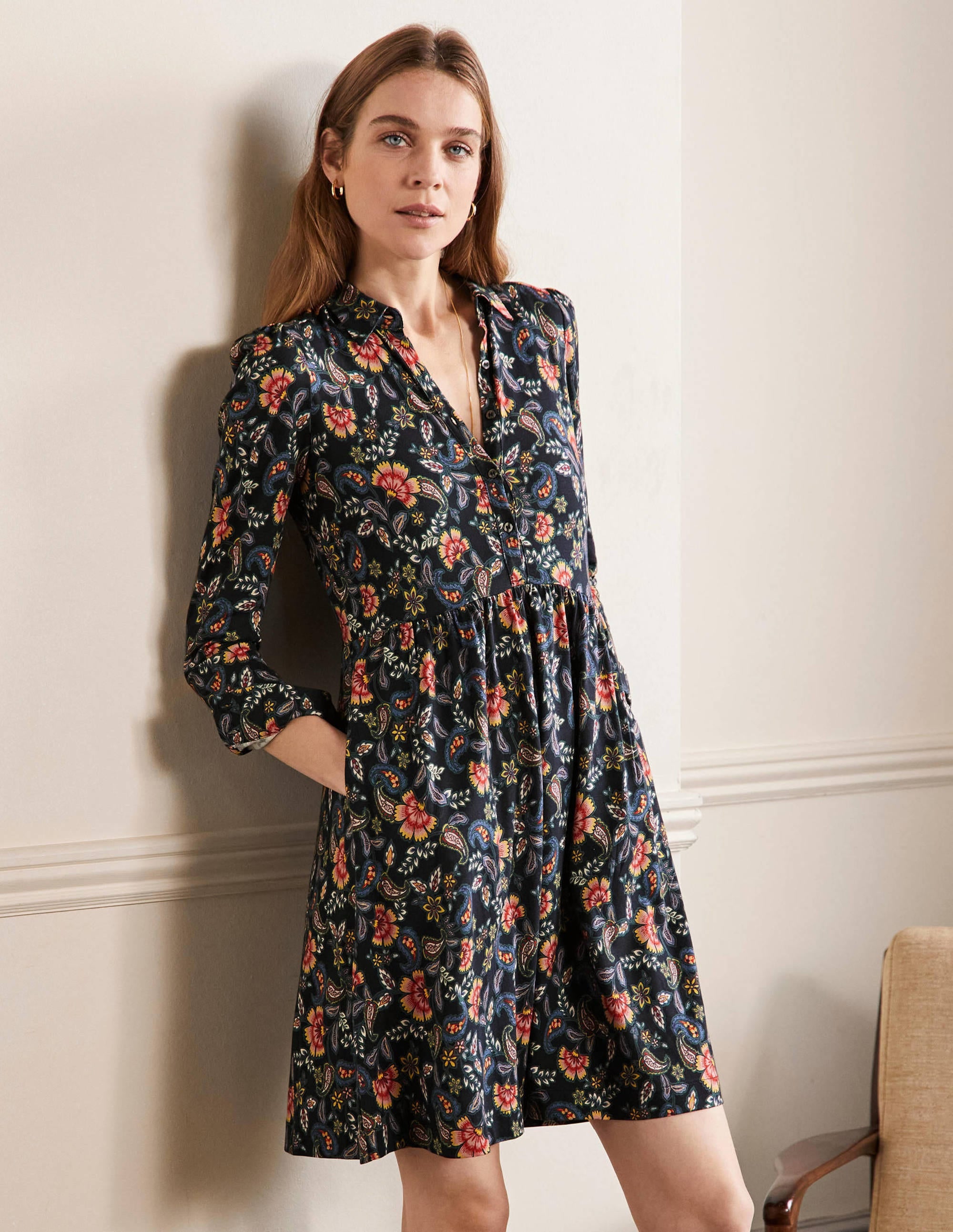 Alma Jersey Shirt Dress-Black, Exotic Floral - Image 5