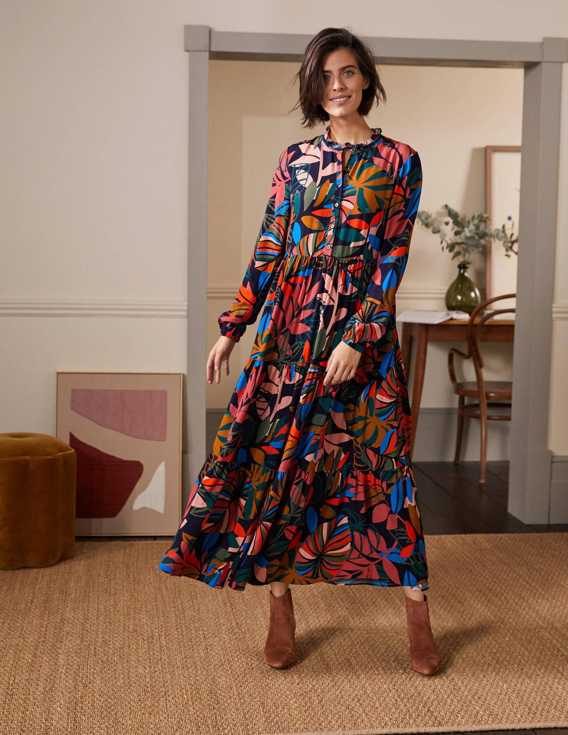 Tiered Maxi Shirt Dress-French Navy, Tropic Palm-1