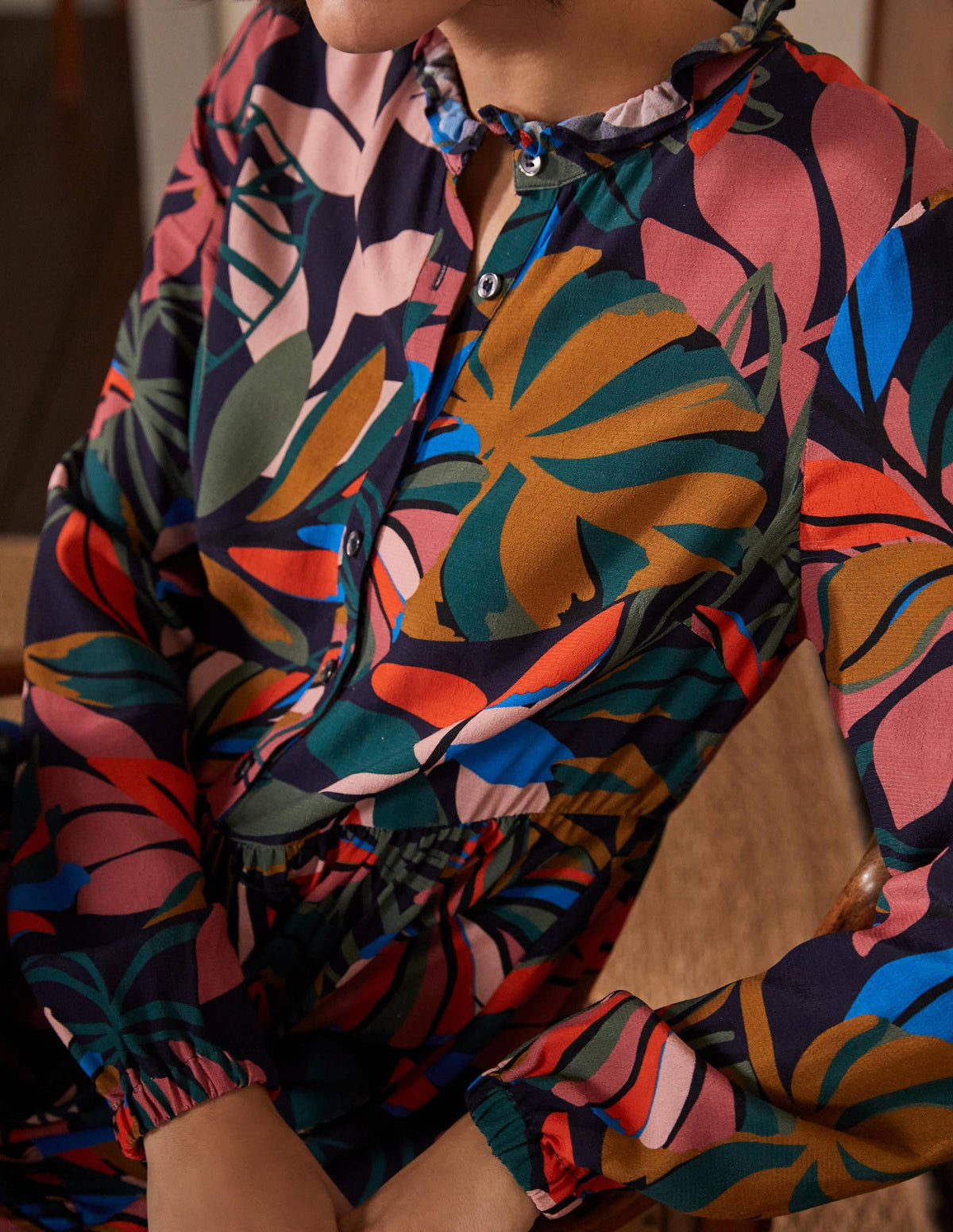 Tiered Maxi Shirt Dress-French Navy, Tropic Palm - Image 2
