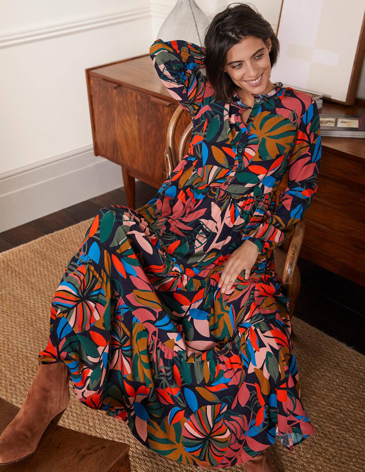 Tiered Maxi Shirt Dress-French Navy, Tropic Palm - Image 4