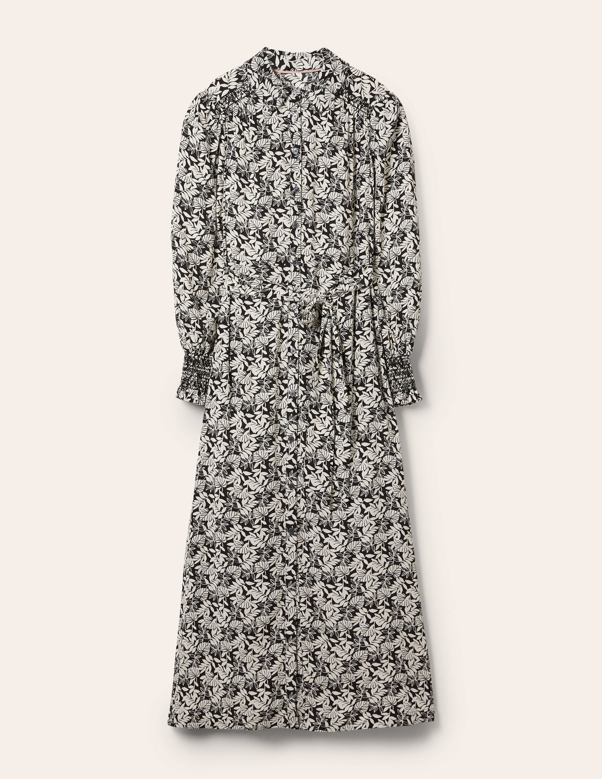 Smocking Detail Shirt Dress-Black, Tropic Palm-5