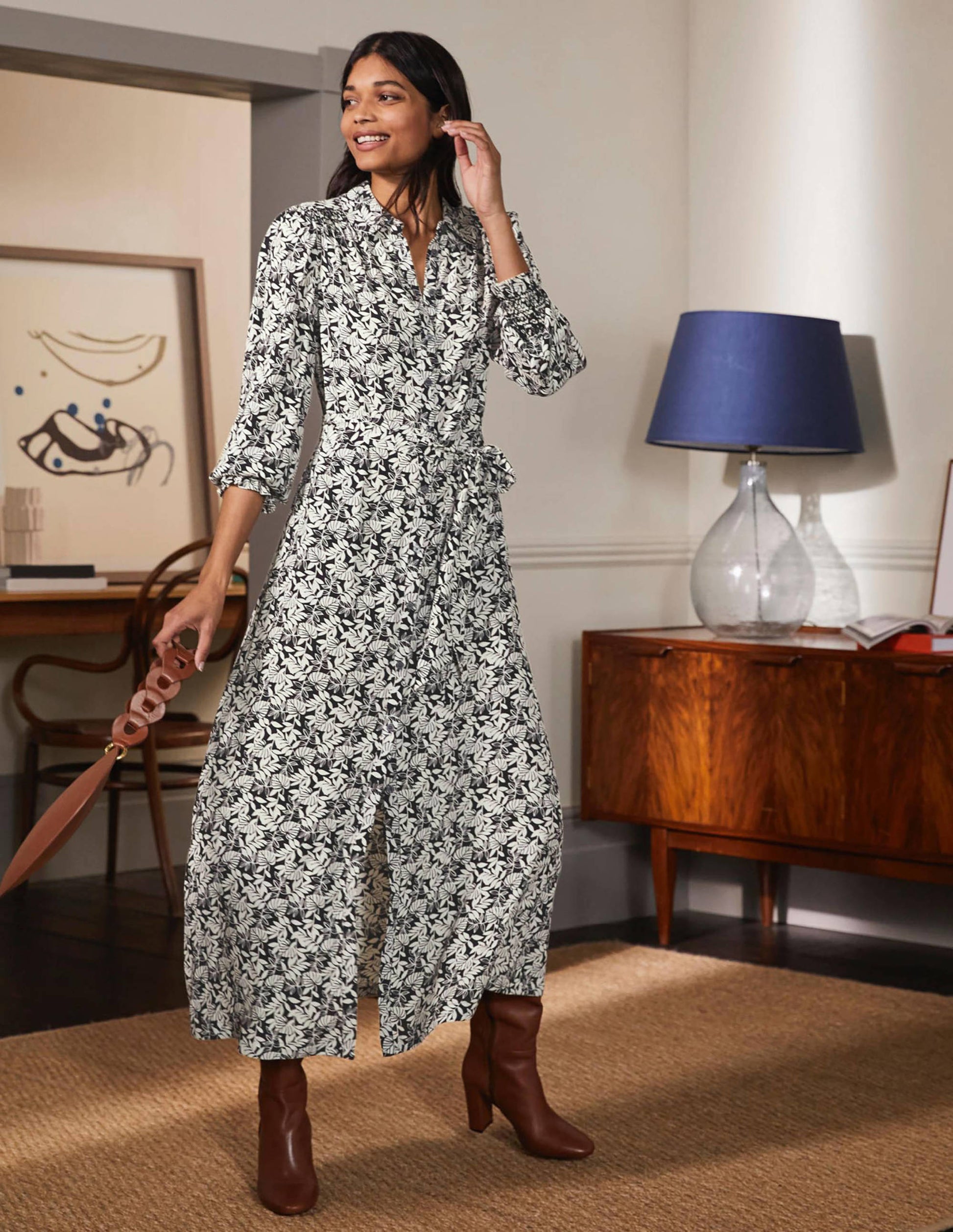 Smocking Detail Shirt Dress-Black, Tropic Palm-1