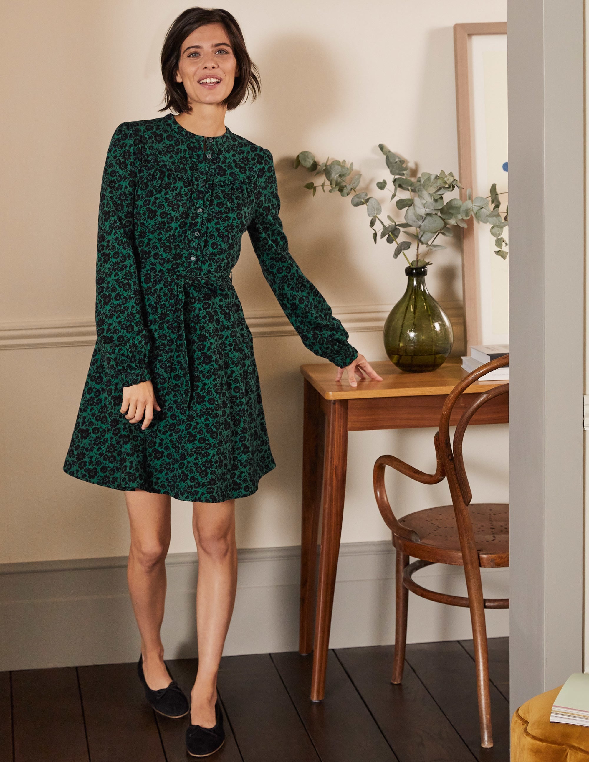 Ruffle Button Mini Dress-Deep Forest, Elegant Bloom - Image 1