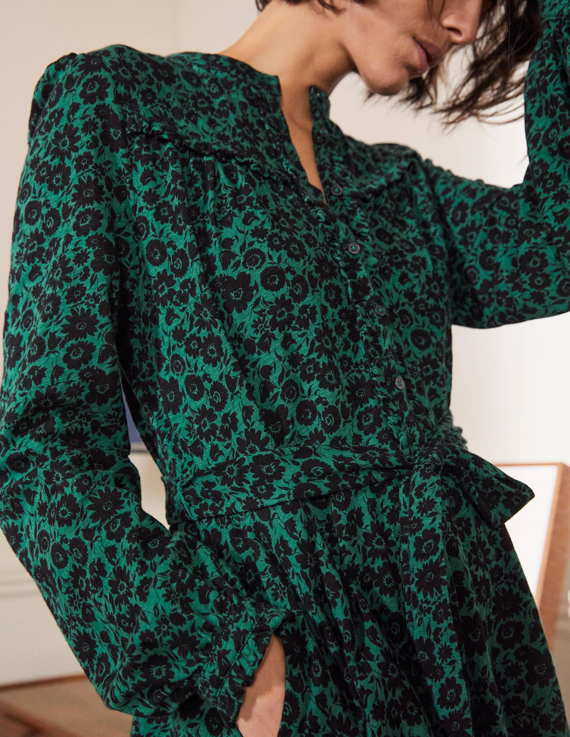 Ruffle Button Mini Dress-Deep Forest, Elegant Bloom - Image 2