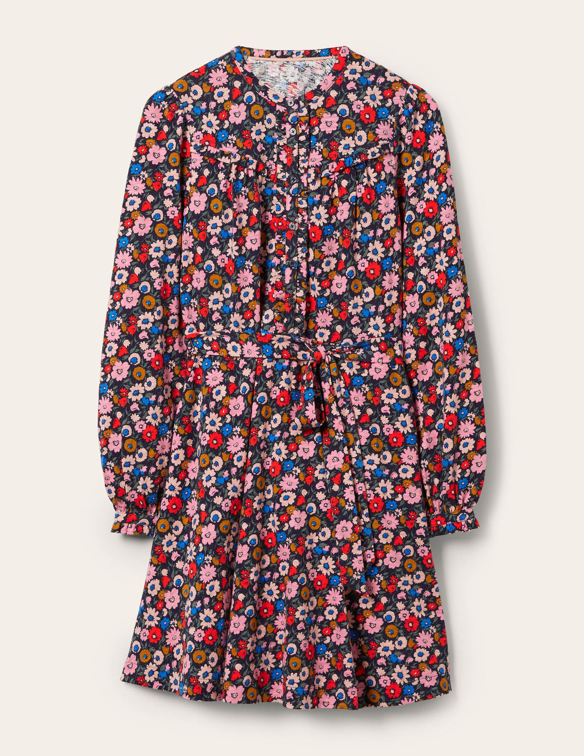 Ruffle Button Mini Dress-French Navy, Elegant Bloom - Image 5