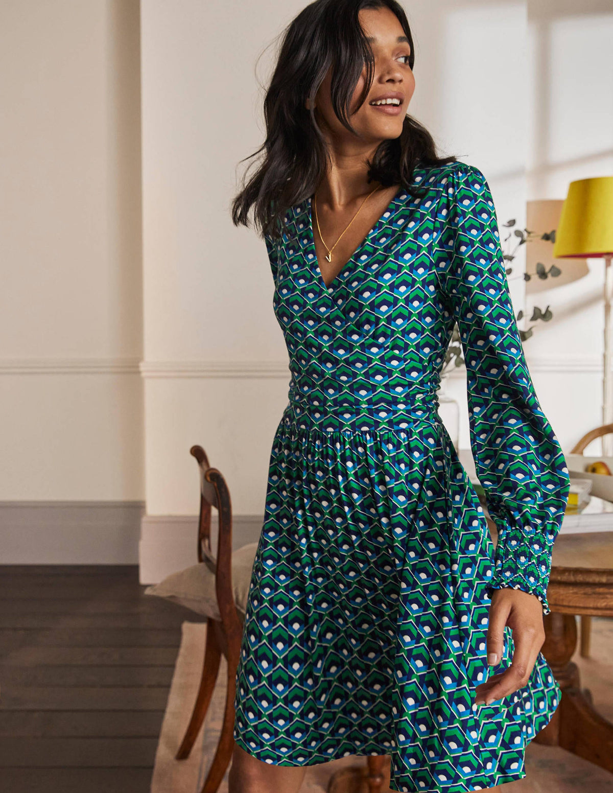 Jersey Wrap Dress-Highland Green, Geometric Tile-1