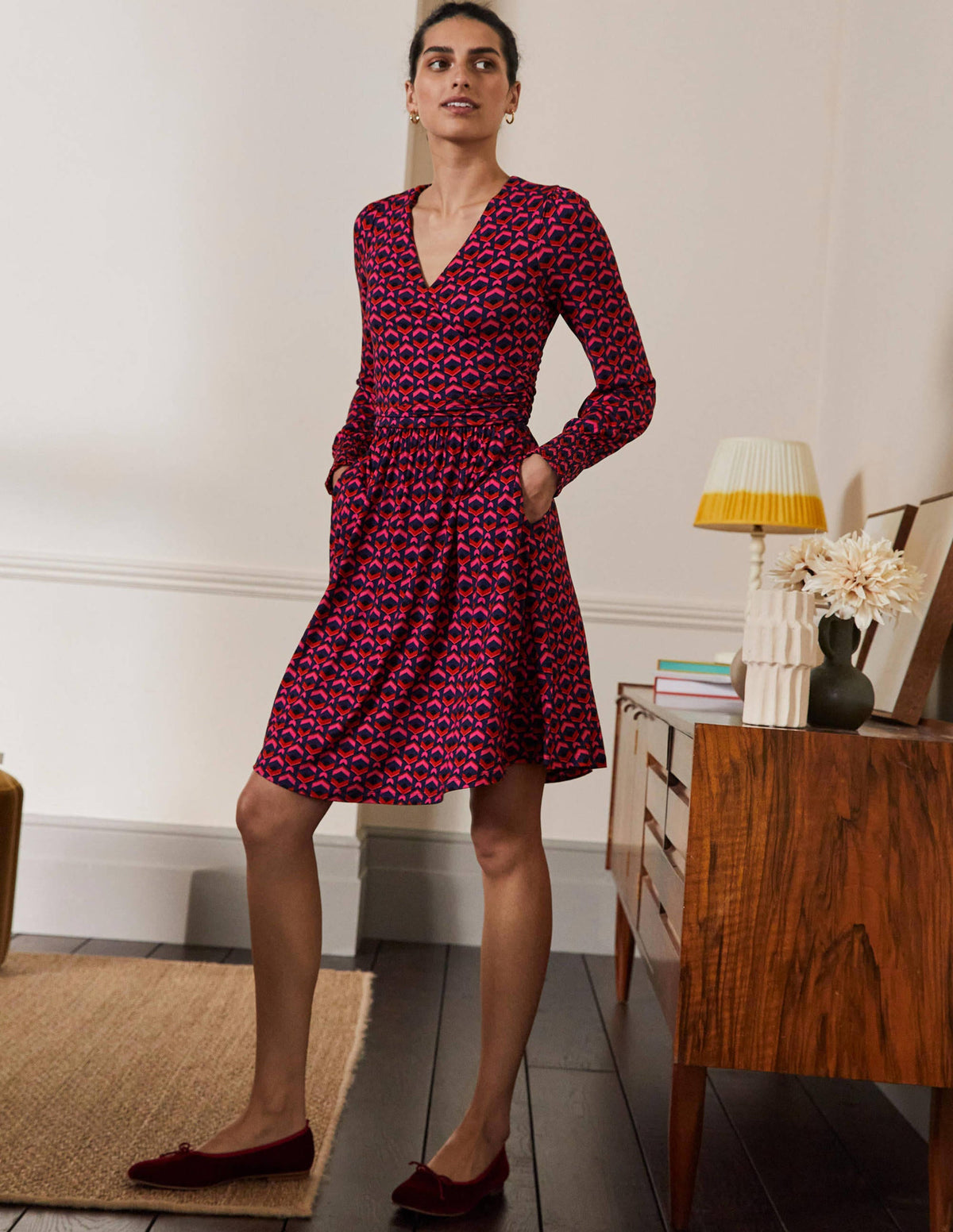 Jersey Wrap Dress-Party Pink, Geometric Tile - Image 1