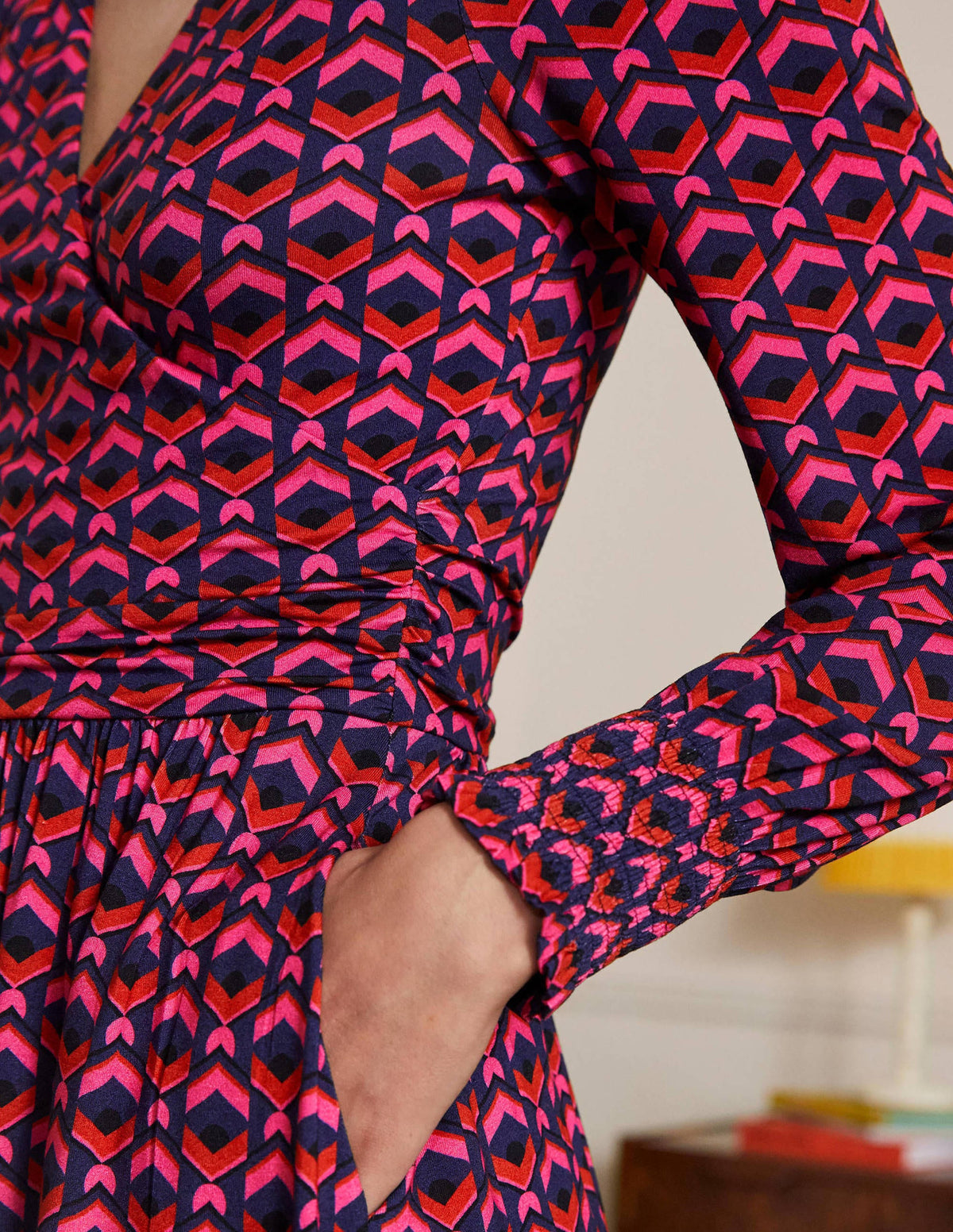 Jersey Wrap Dress-Party Pink, Geometric Tile - Image 2
