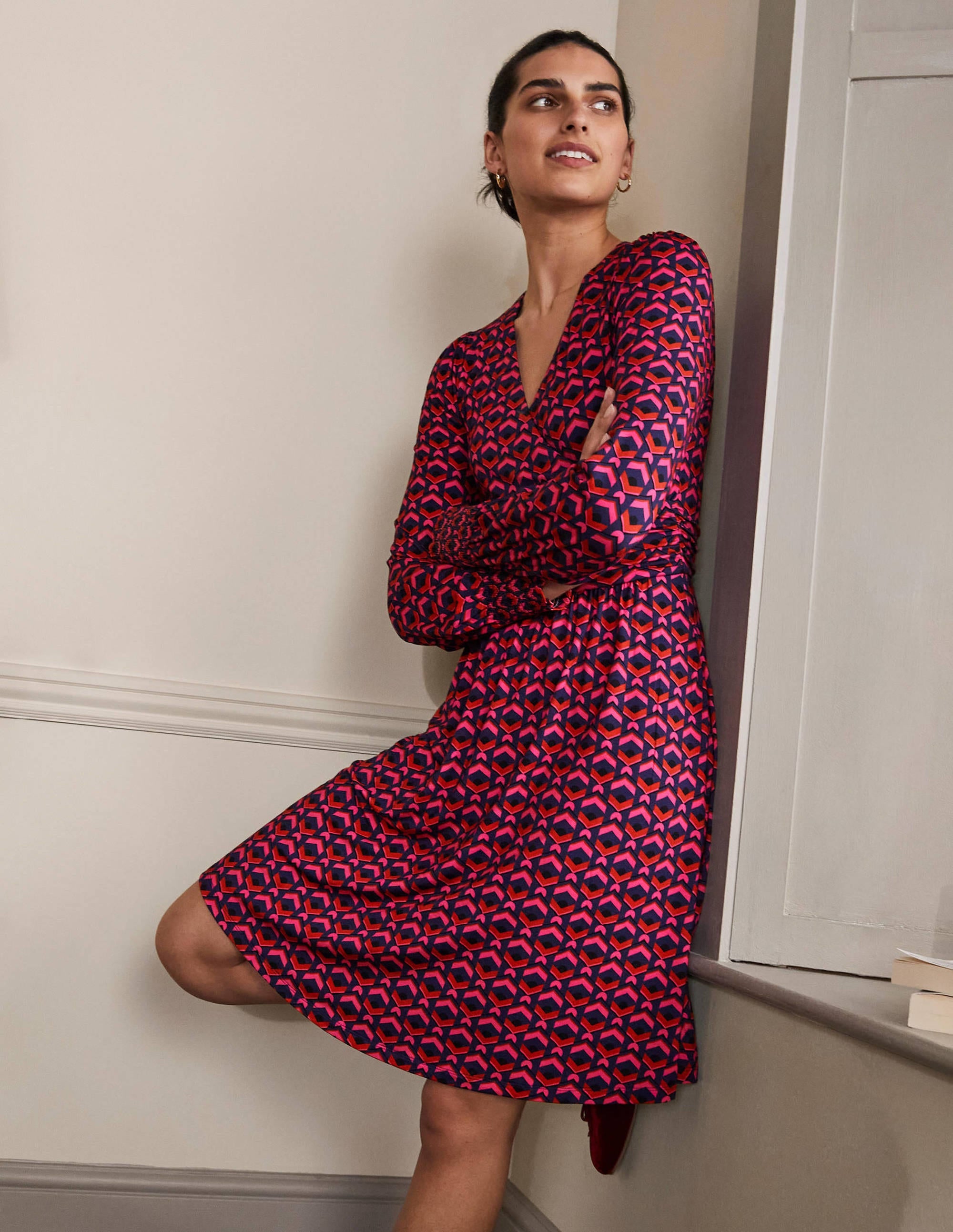 Jersey Wrap Dress-Party Pink, Geometric Tile - Image 4