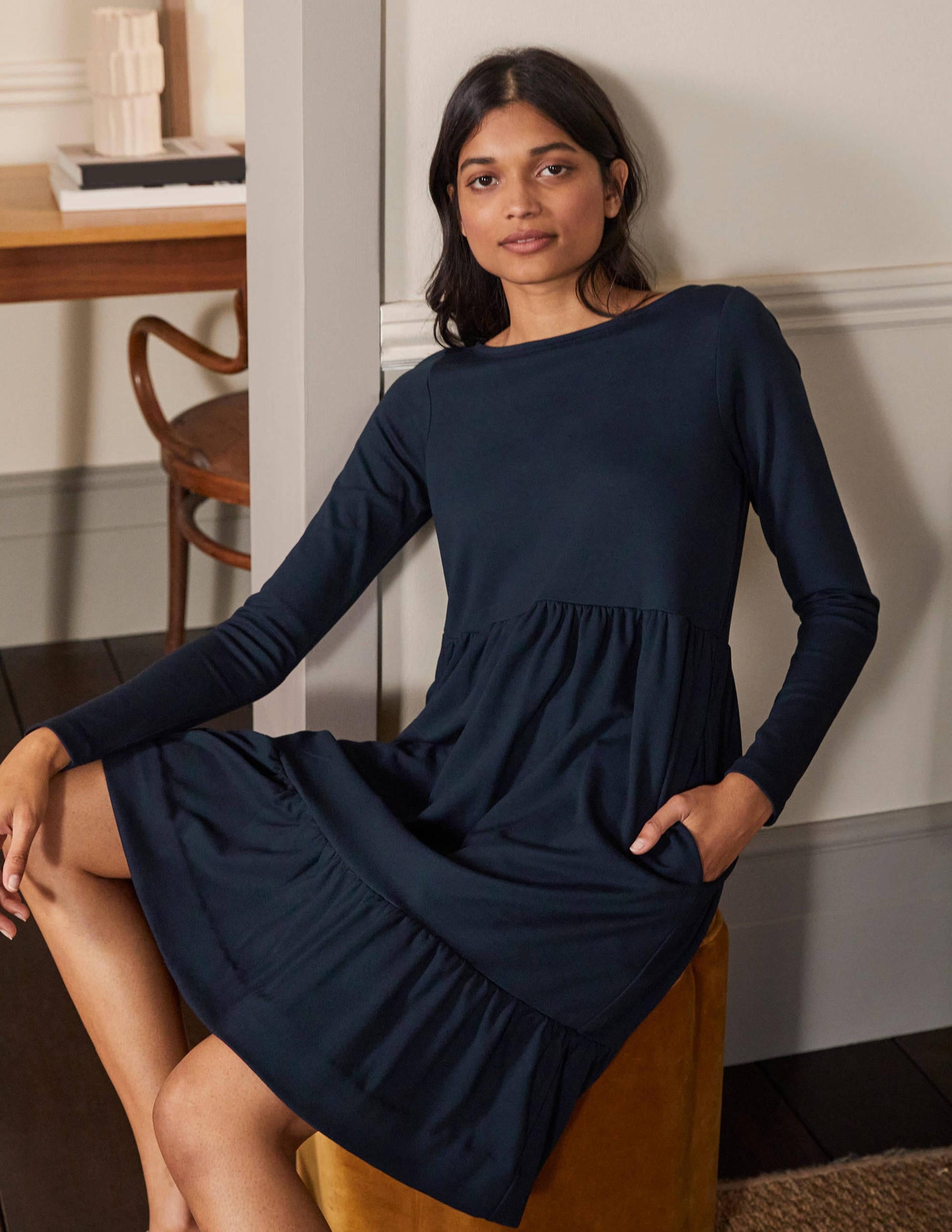 Tiered Ponte Dress-Navy-4