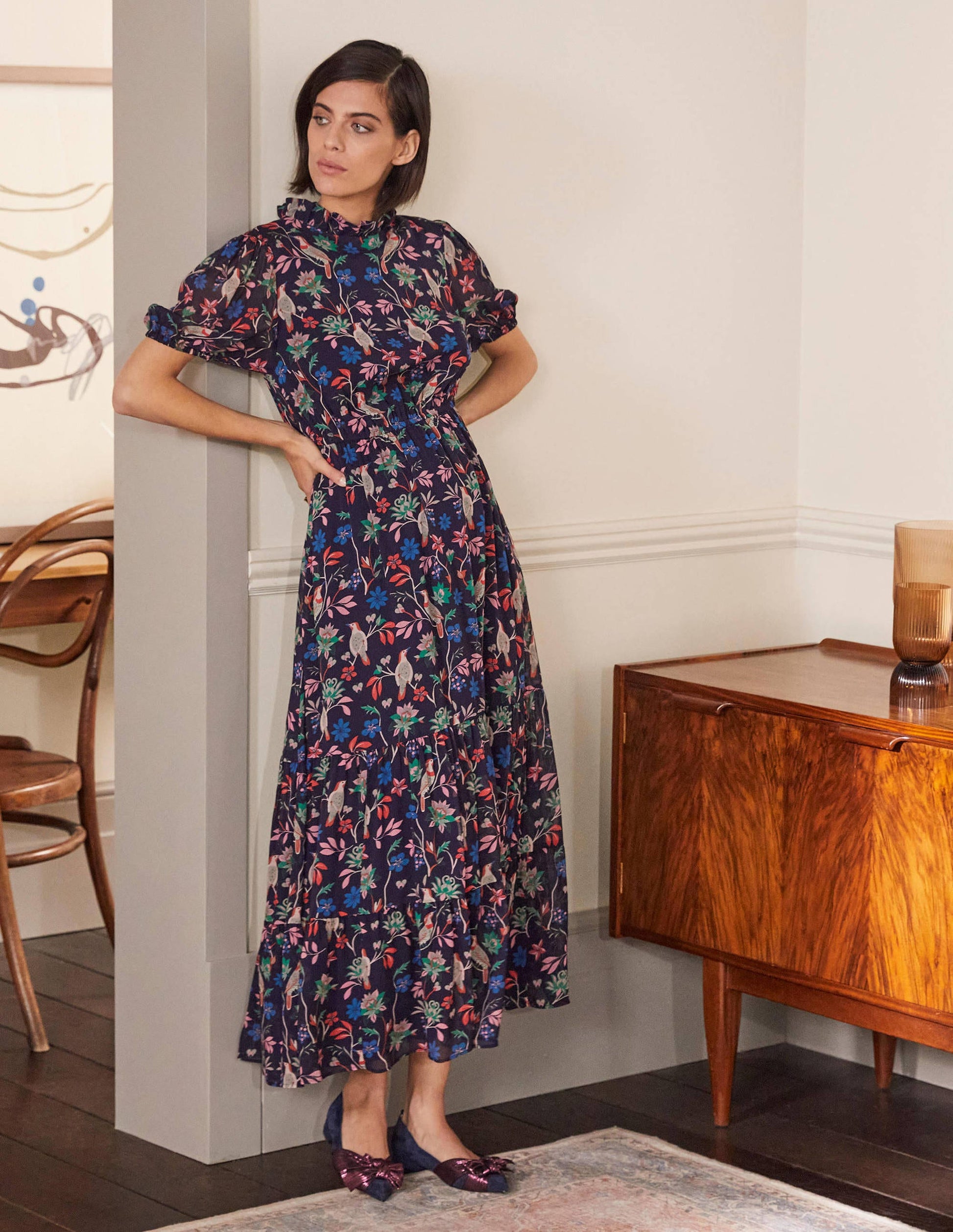Puff Sleeve Tiered Dress-Navy, Berry Bird-1