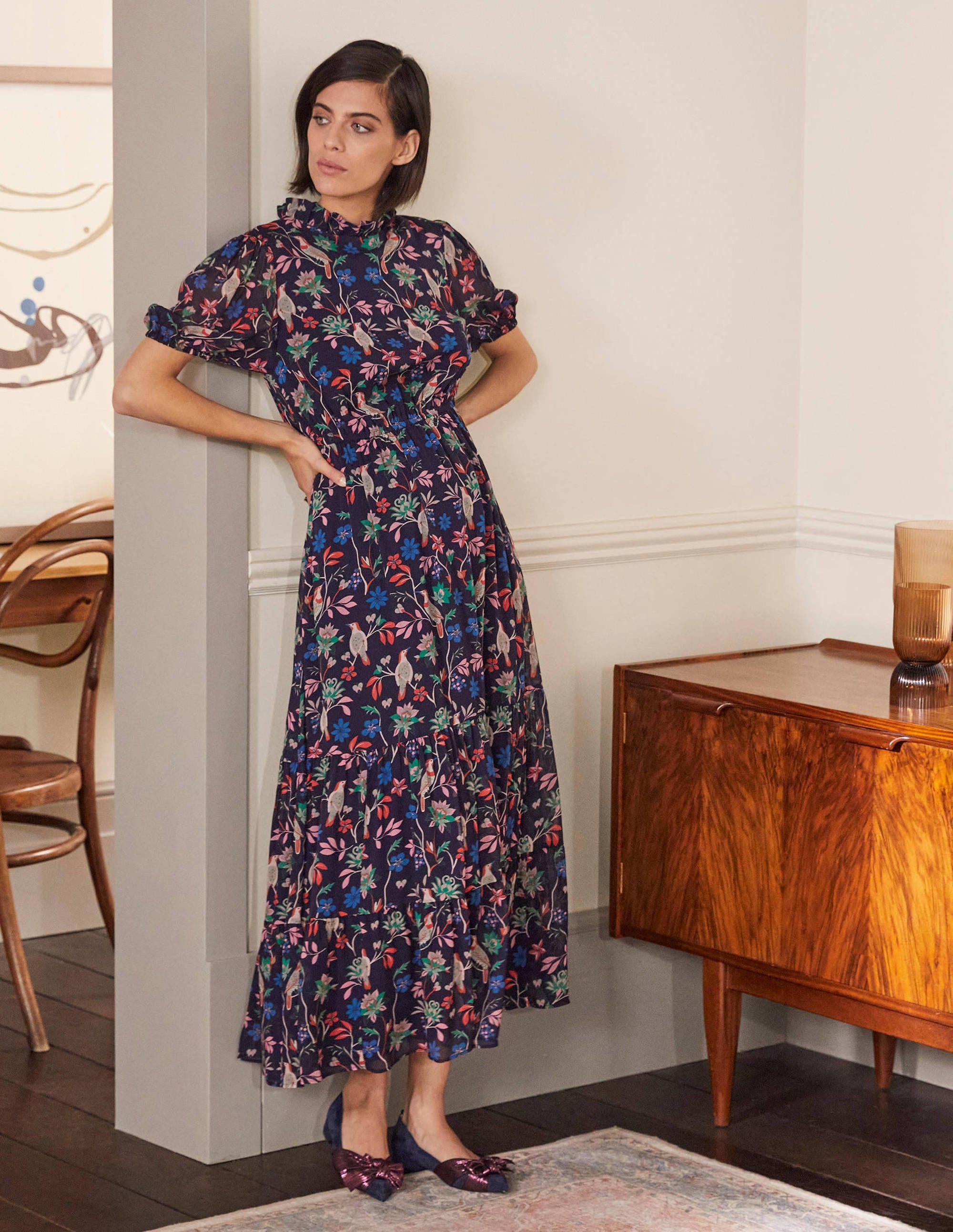 Puff Sleeve Tiered Dress-Navy, Berry Bird - Image 1