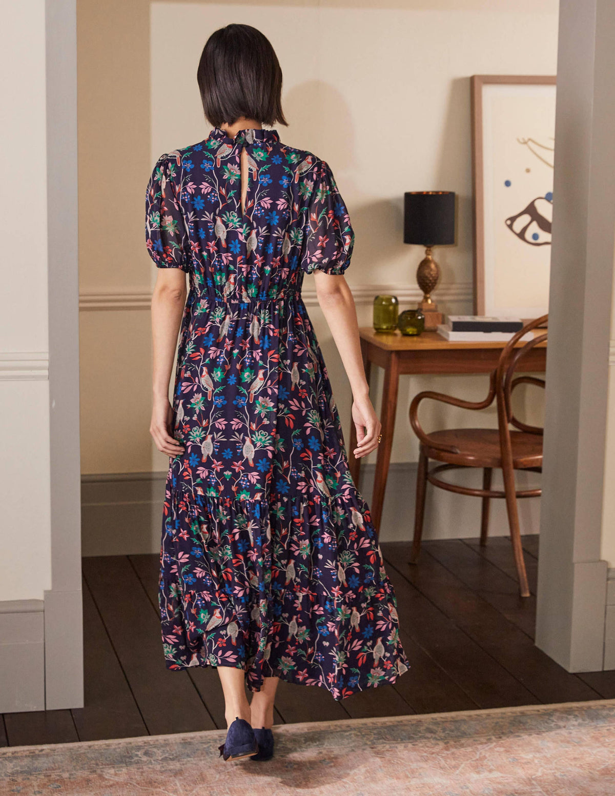 Puff Sleeve Tiered Dress-Navy, Berry Bird-3