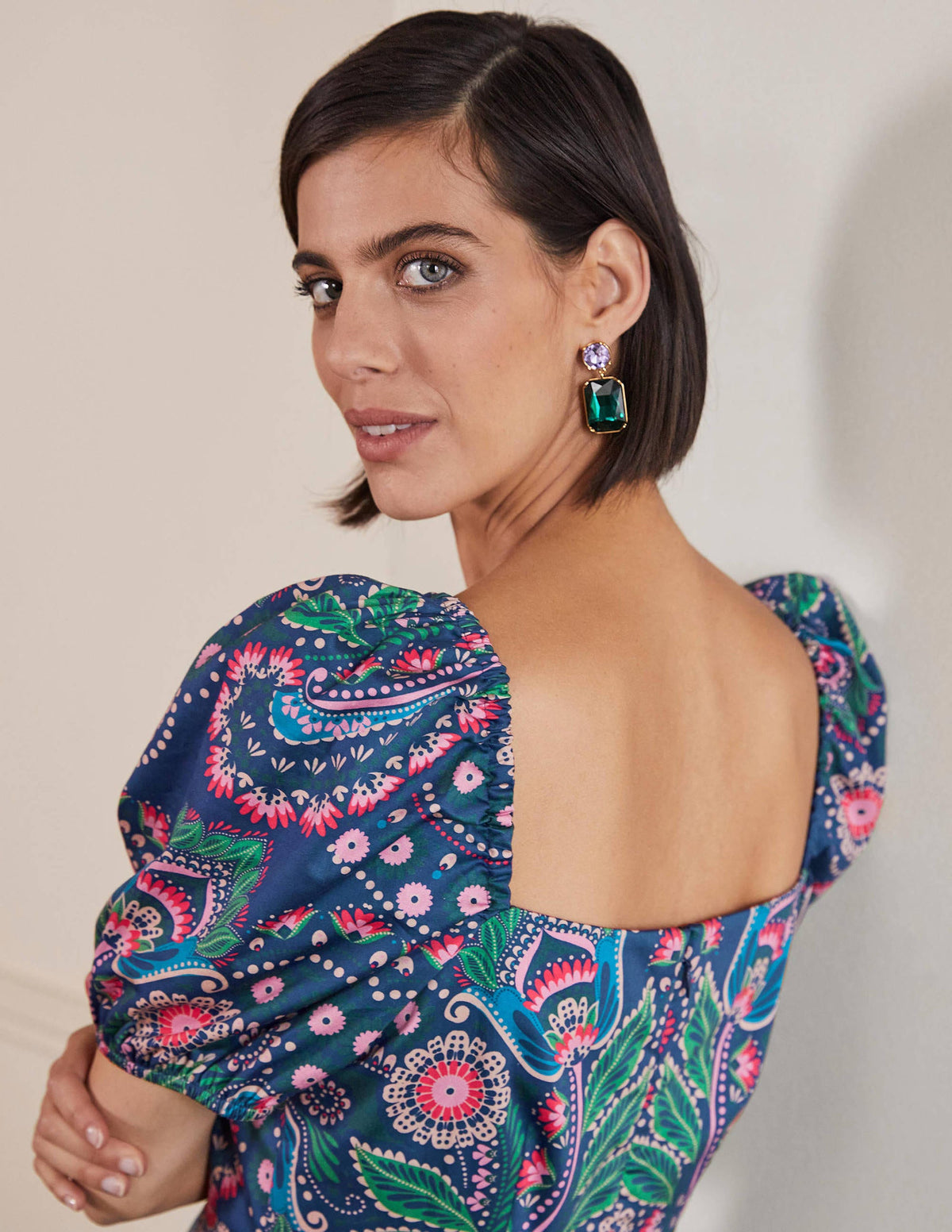 Short Puff Dress-Navy, Daisy Paisley - Image 2