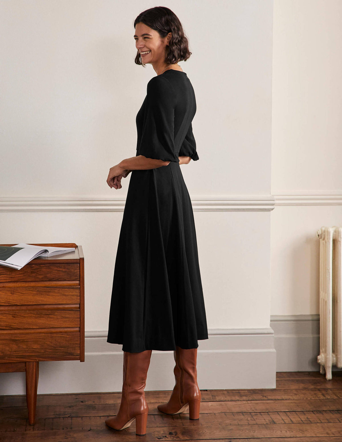 Full Skirt Jersey Midi Dress-Black-3