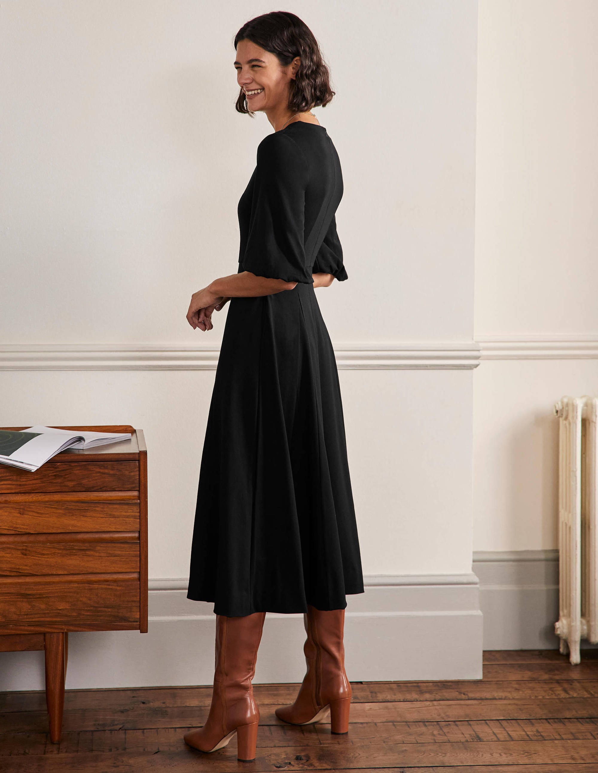 Full Skirt Jersey Midi Dress-Black - Image 3