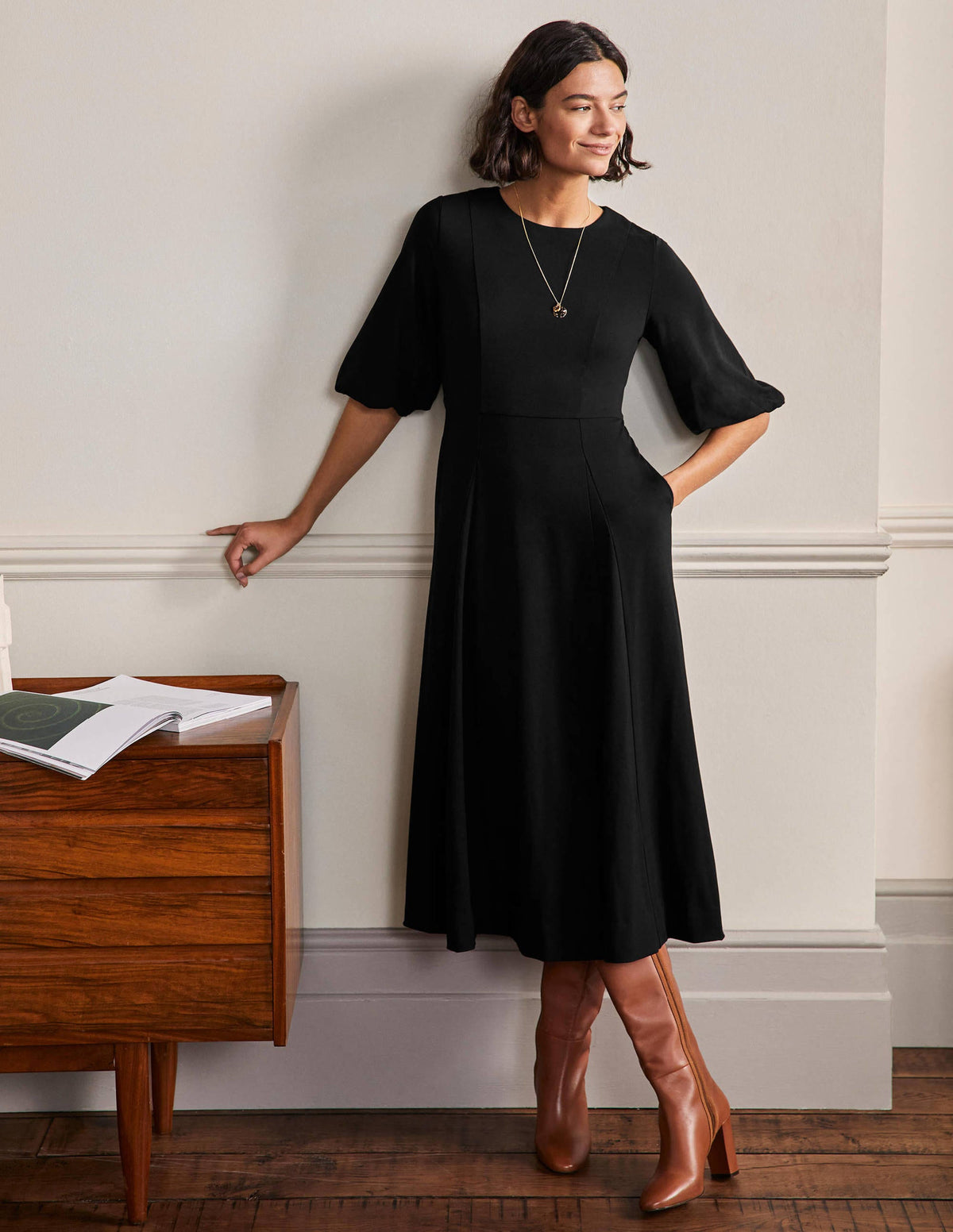 Full Skirt Jersey Midi Dress-Black-4