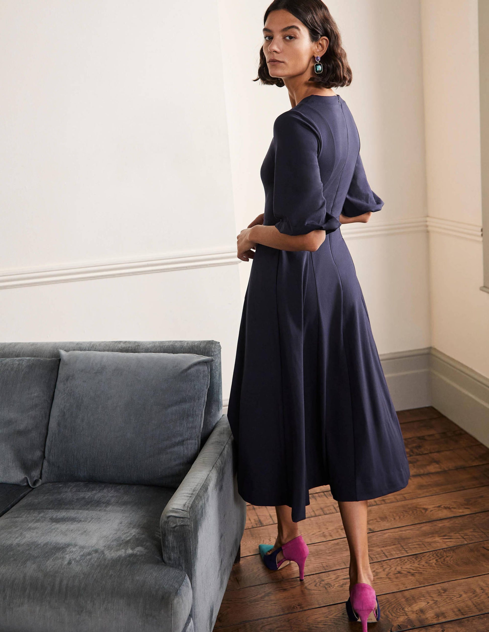 Full Skirt Jersey Midi Dress-Navy-3