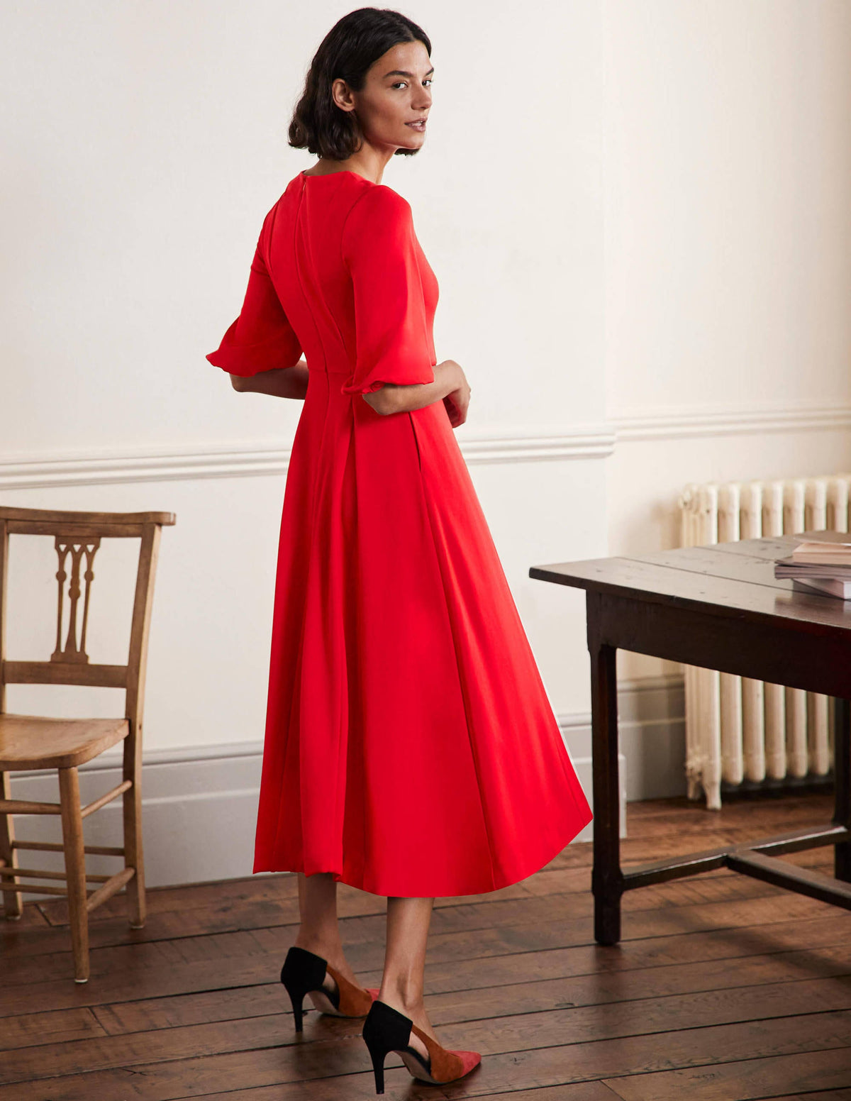 Full Skirt Jersey Midi Dress-Red-3