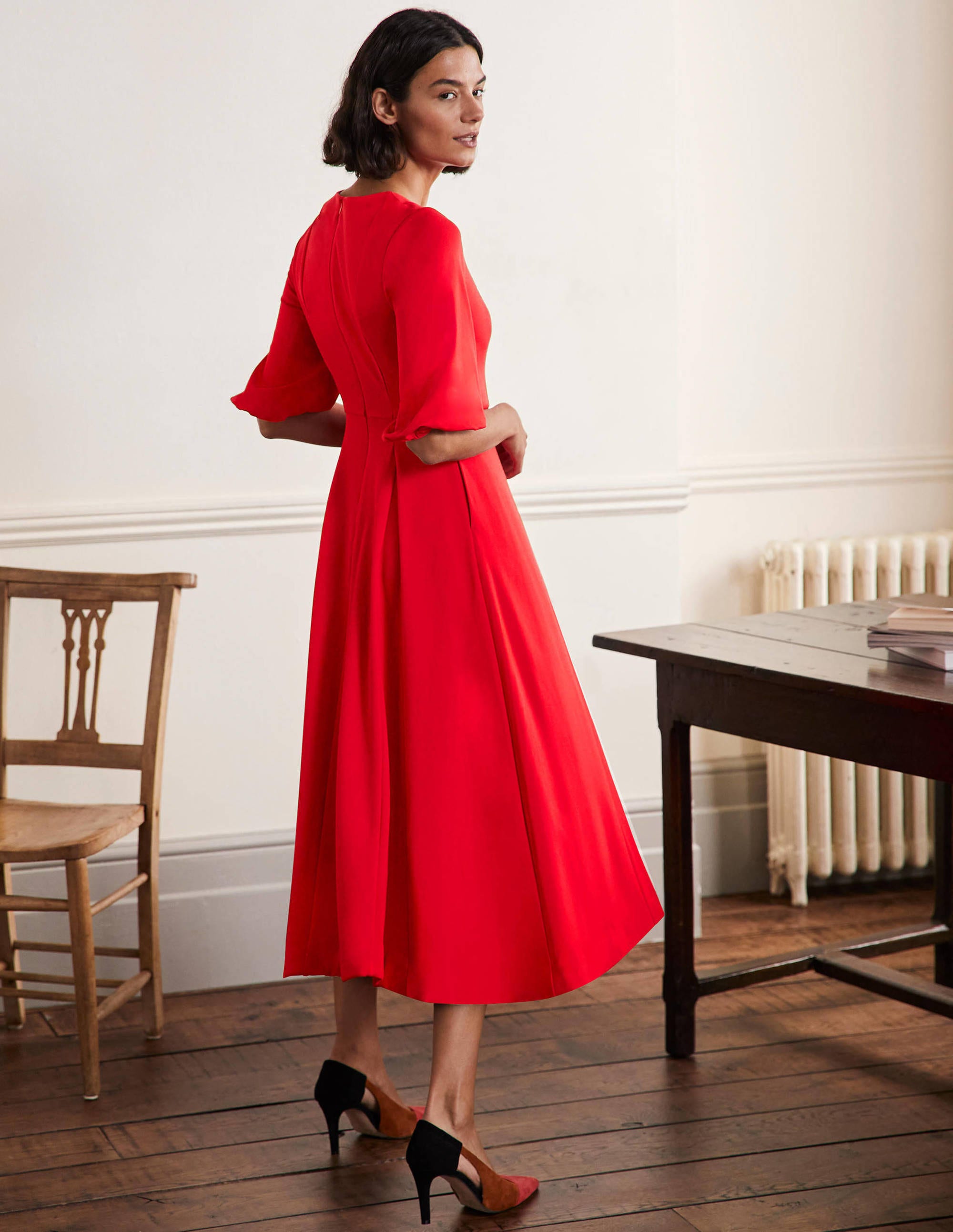 Full Skirt Jersey Midi Dress-Red - Image 3