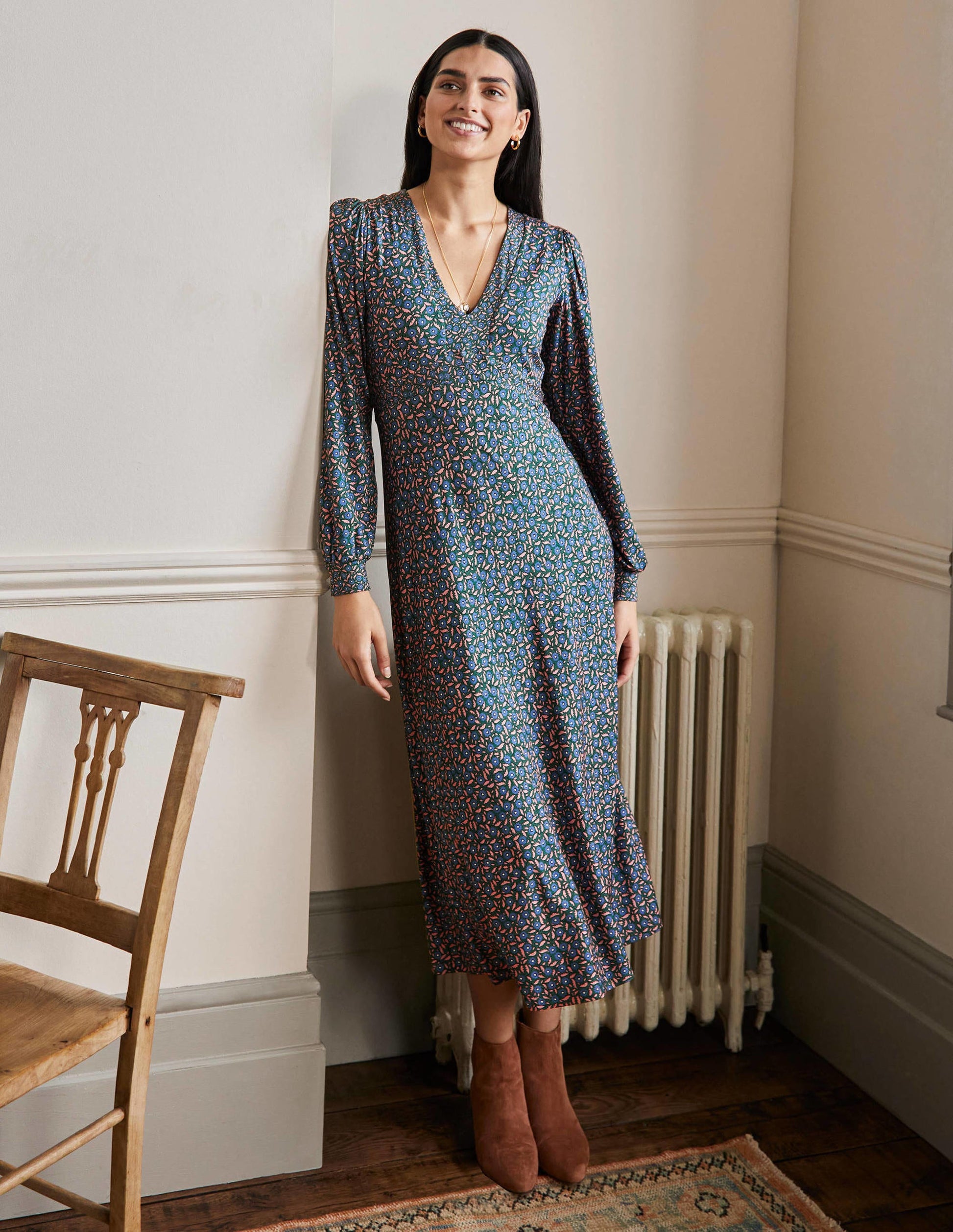 Empire Jersey Tea Dress-Blue Ribbon, Rambling Ditsy-1