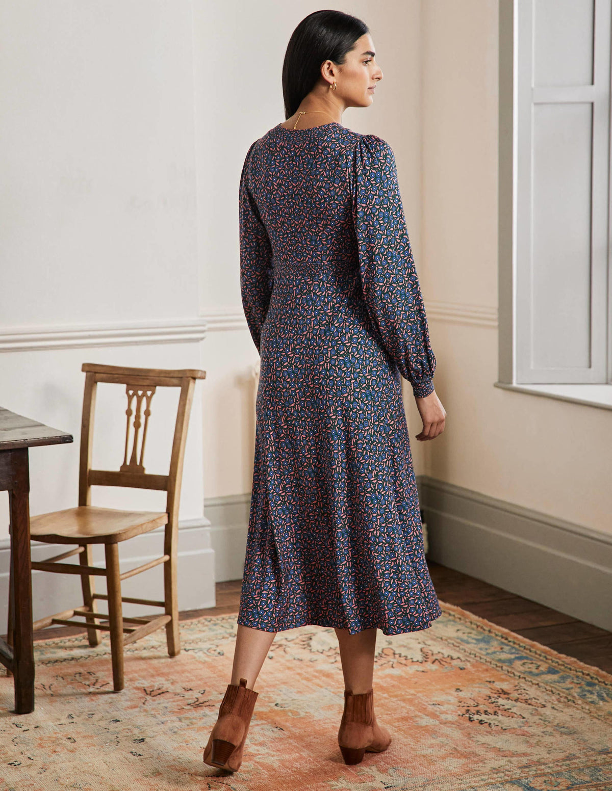 Empire Jersey Tea Dress-Blue Ribbon, Rambling Ditsy-3