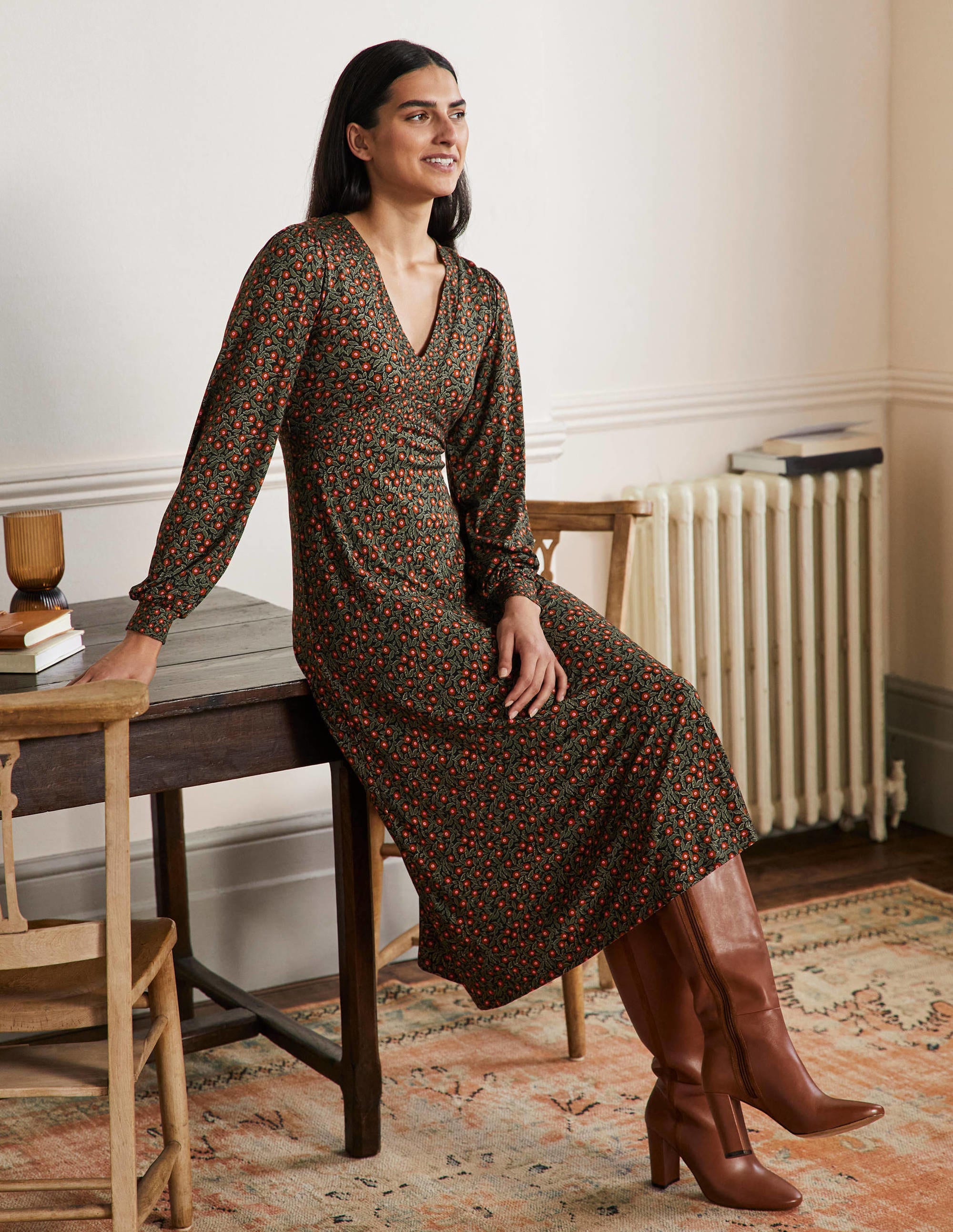 Empire Jersey Tea Dress-Marsh, Rambling Ditsy - Image 1
