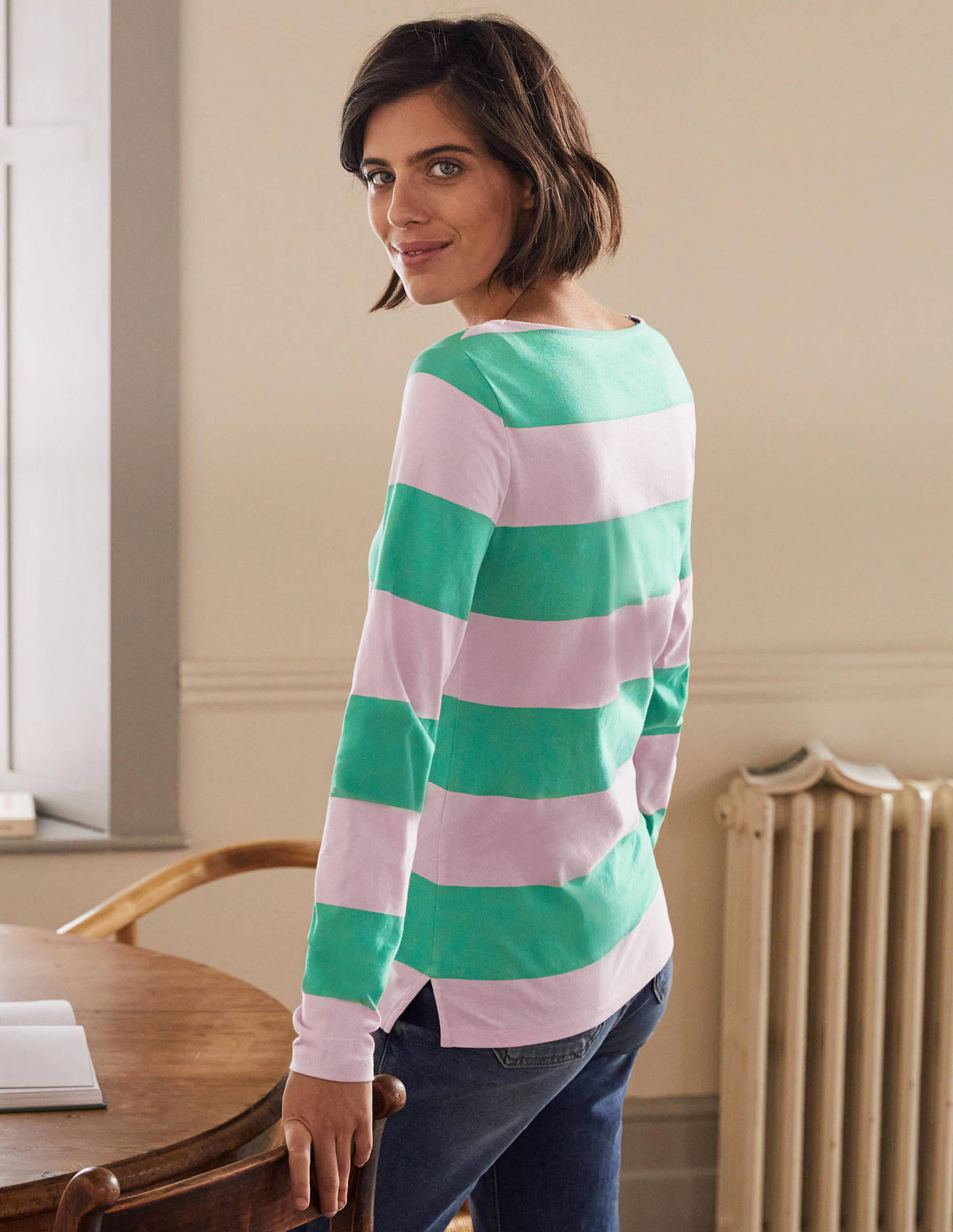 Long Sleeve Breton Top-Soft Peony / Green Stripe-3