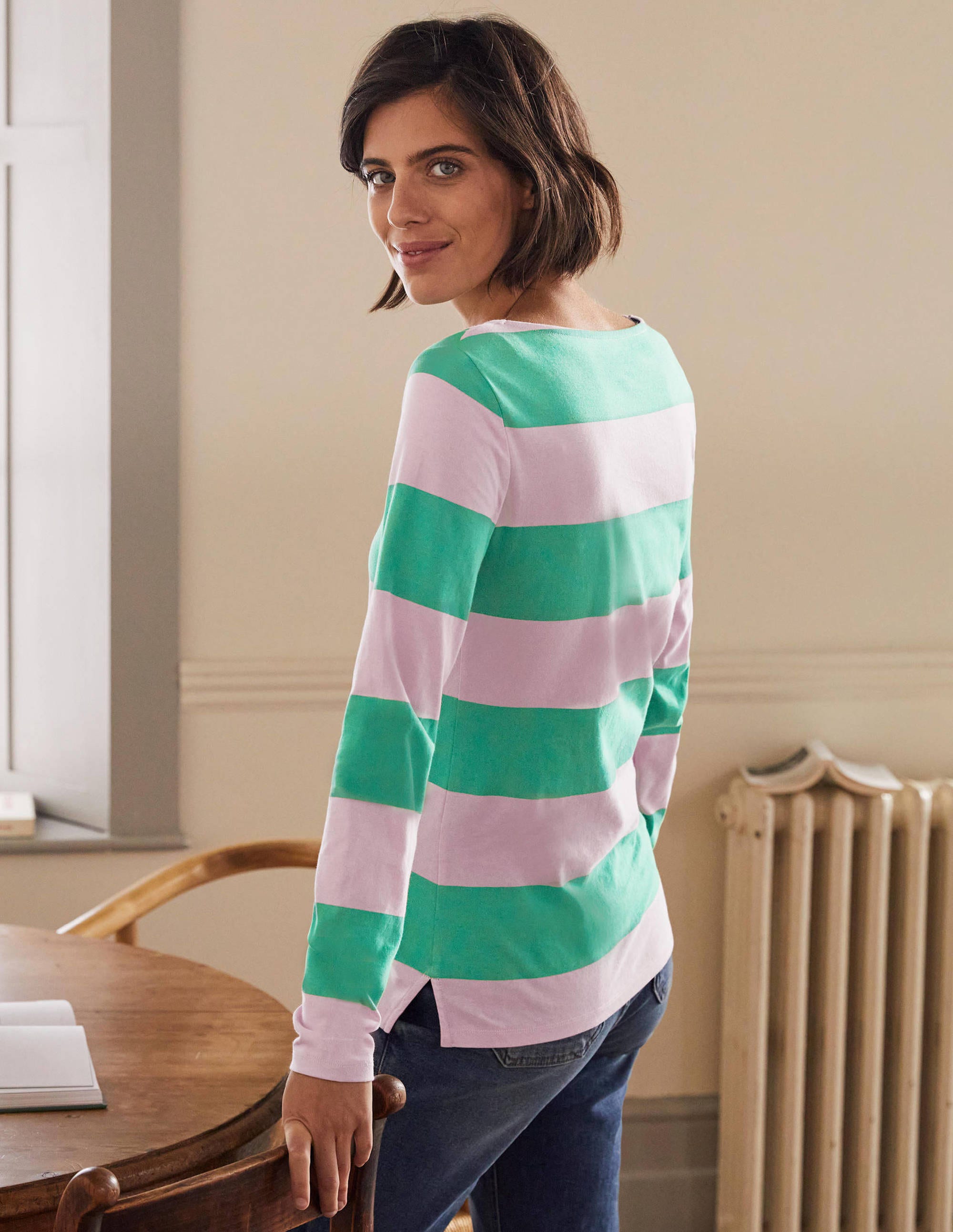 Long Sleeve Breton Top-Soft Peony / Green Stripe - Image 3