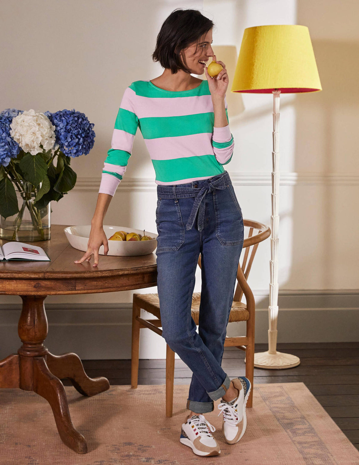Long Sleeve Breton Top-Soft Peony / Green Stripe - Image 4