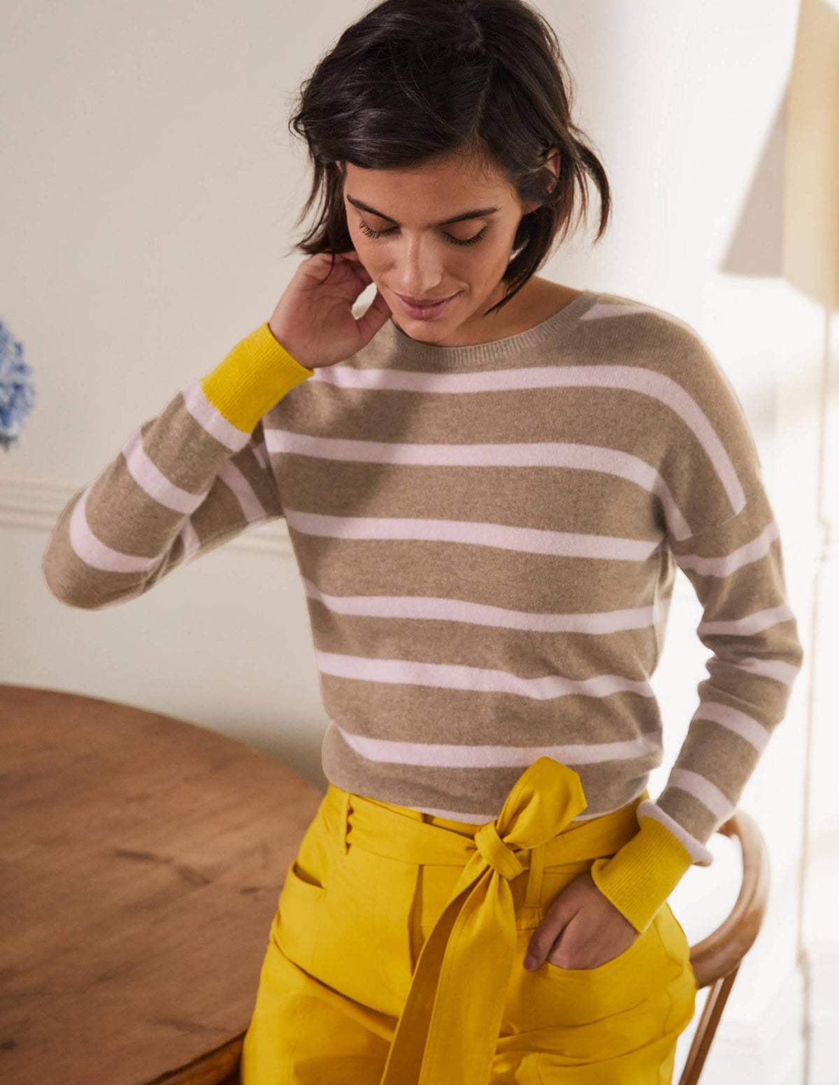 Striped Cashmere Sweater-Oatmeal Brown Stripe - Image 2