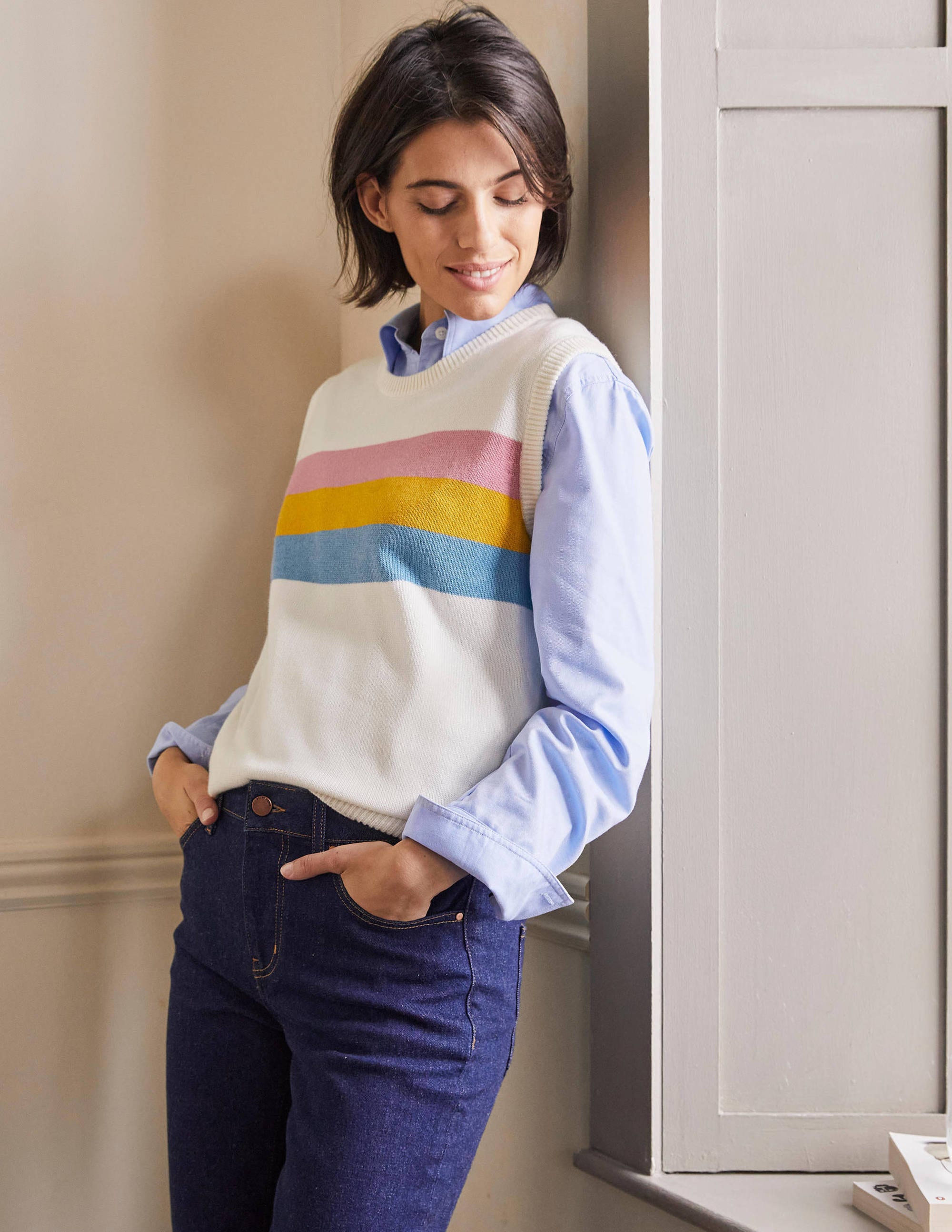 Fiona Sweater Vest-Ivory, Placement Stripe - Image 1