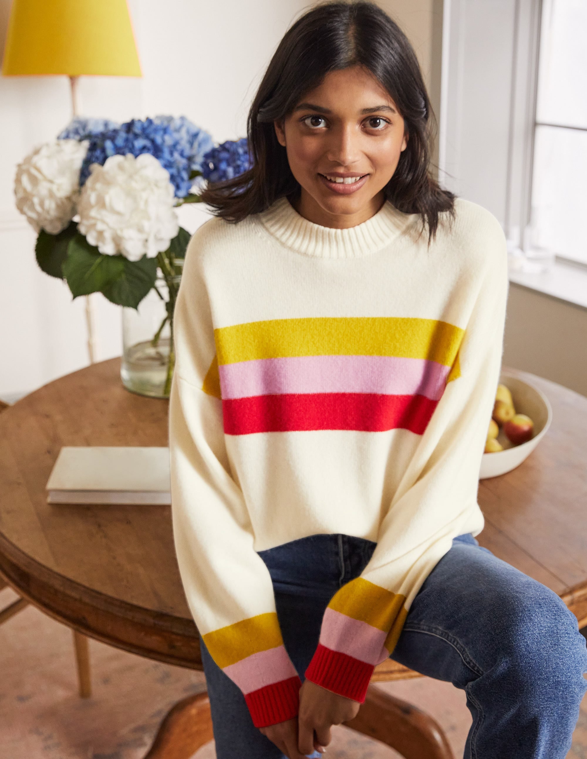 Bell Sleeve Cashmere Sweater-Ruby, Citrine Stripe - Image 1