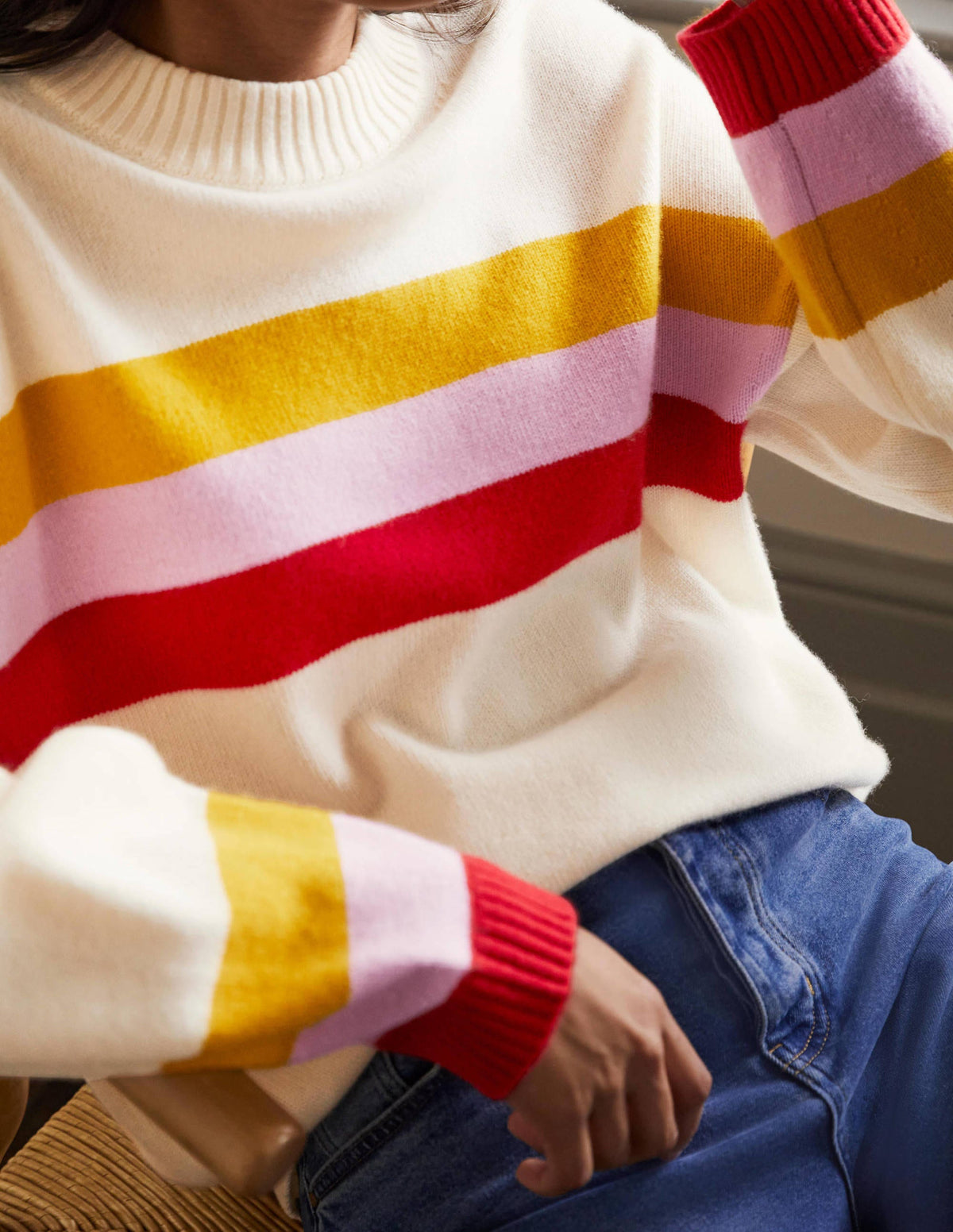 Bell Sleeve Cashmere Sweater-Ruby, Citrine Stripe - Image 2