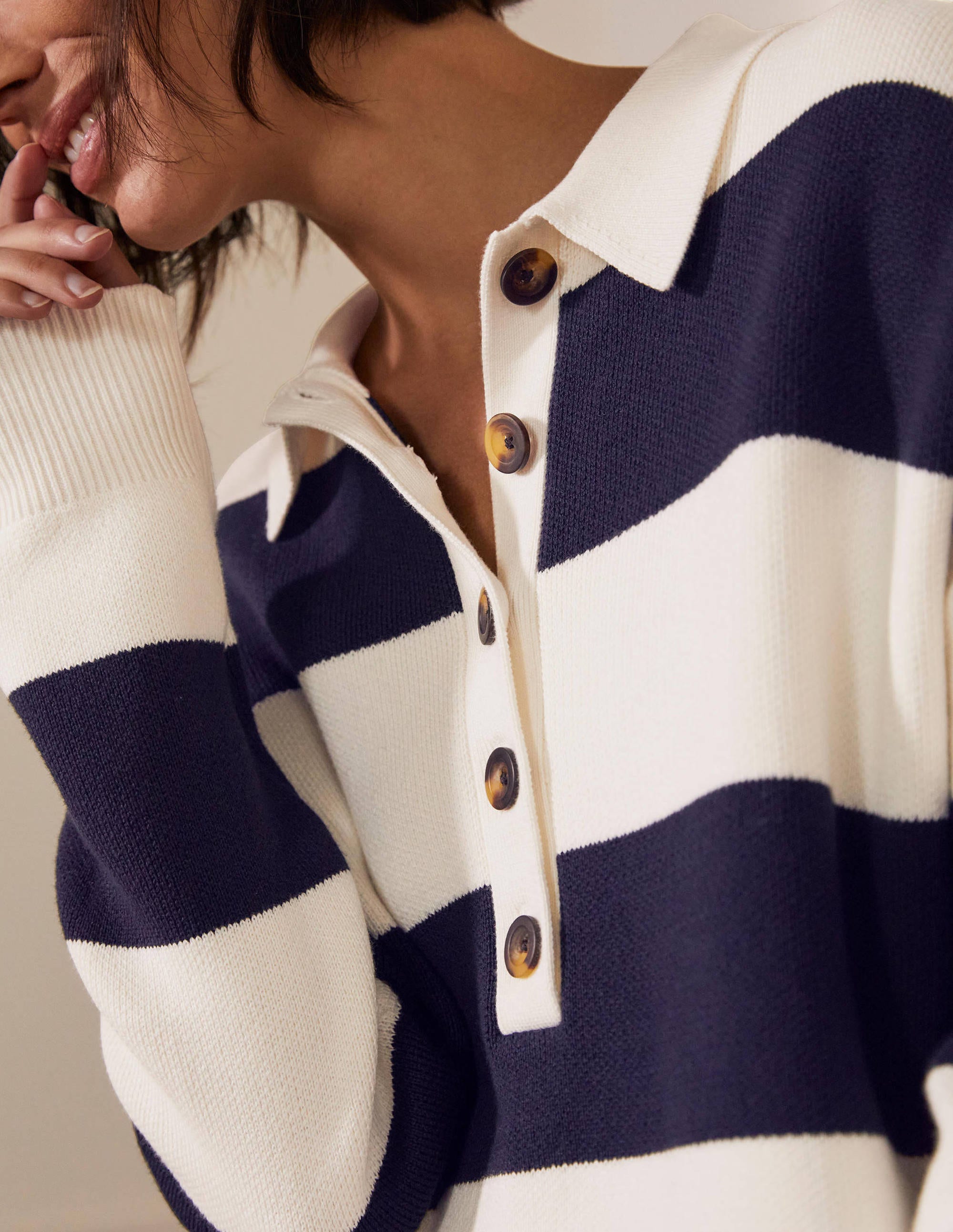 Striped Knitted Rugby Sweater-Ivory and Navy Stripe - Image 2