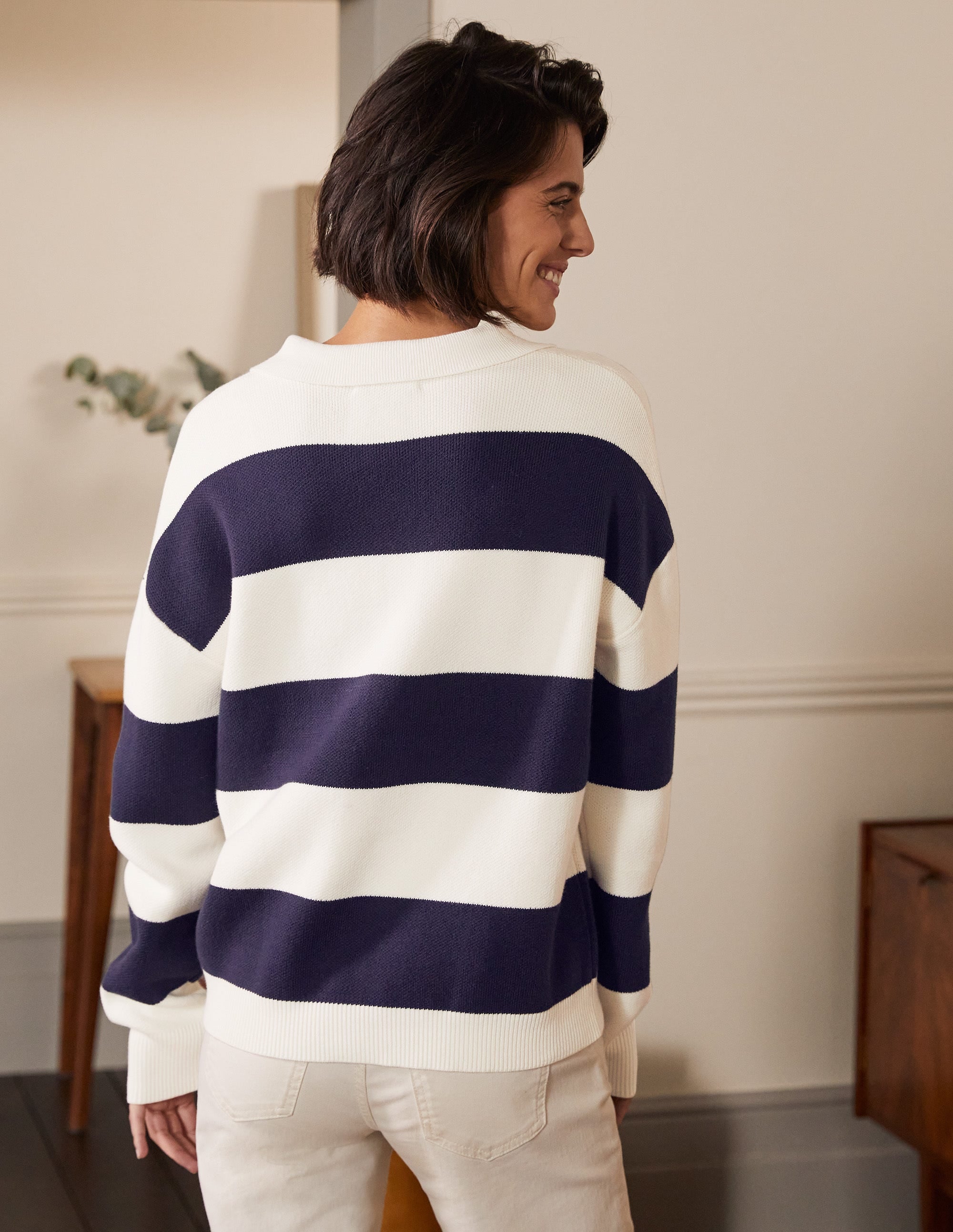 Striped Knitted Rugby Sweater-Ivory and Navy Stripe - Image 3