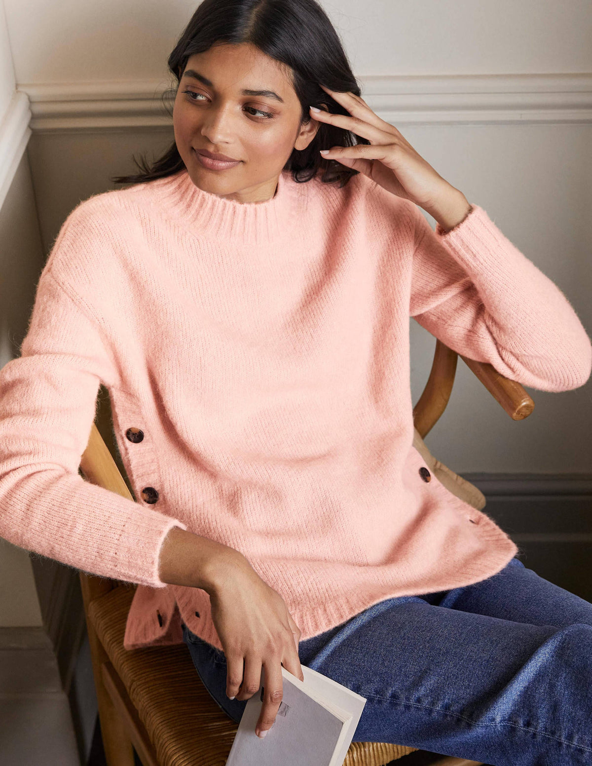 Fluffy Side Button Sweater-Milkshake-1